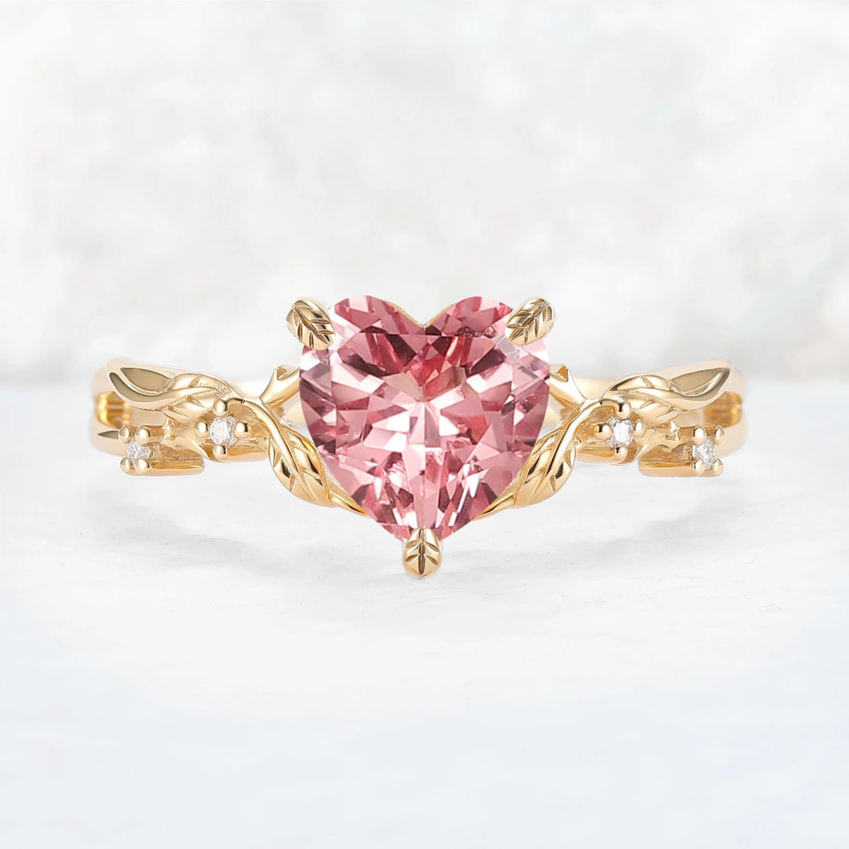Nature Inspired Heart Cut Pink Padparadscha Leafy Gemstone Ring
