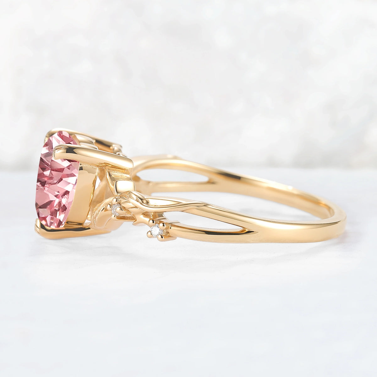 Nature Inspired Heart Cut Pink Padparadscha Leafy Gemstone Ring