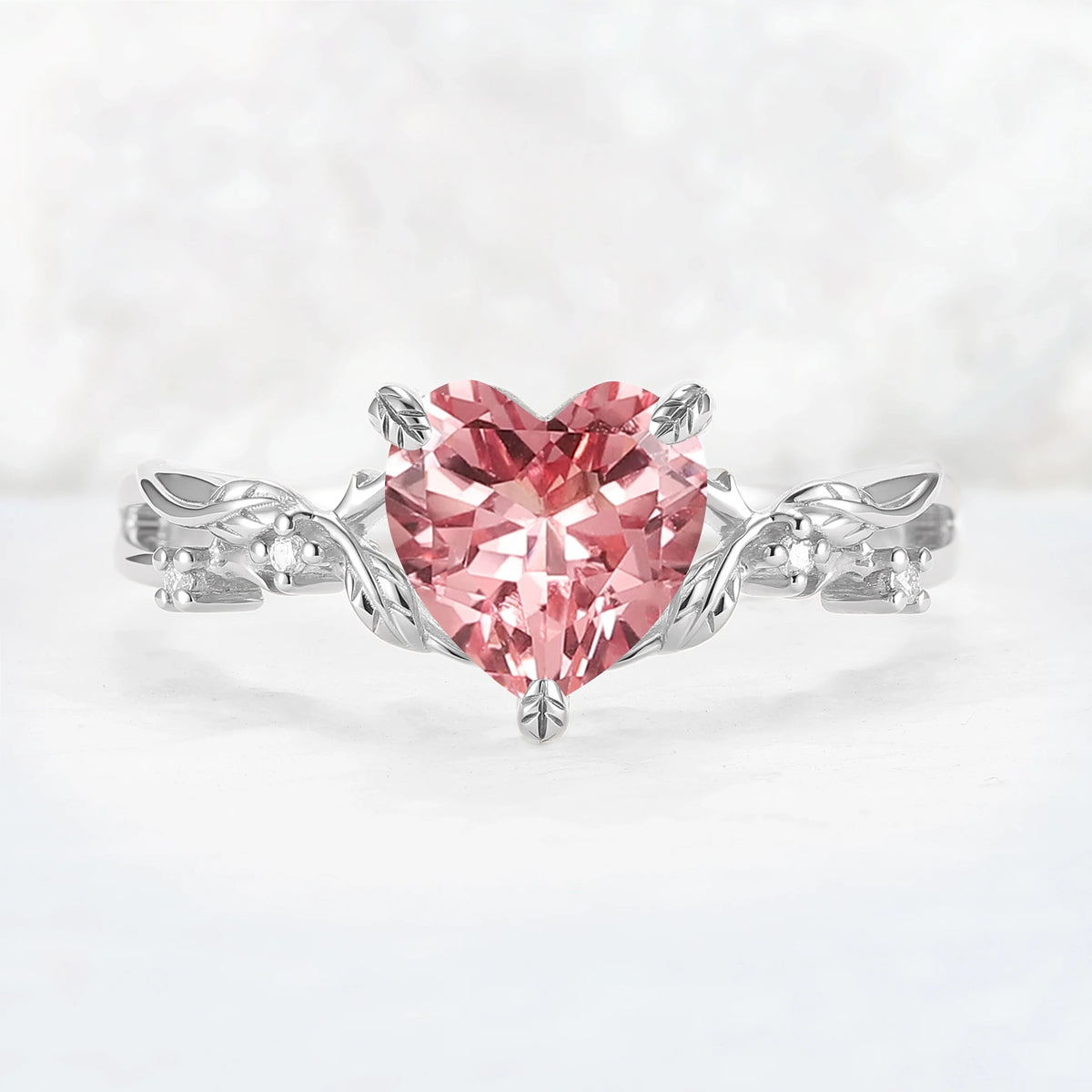 Nature Inspired Heart Cut Pink Padparadscha Leafy Gemstone Ring