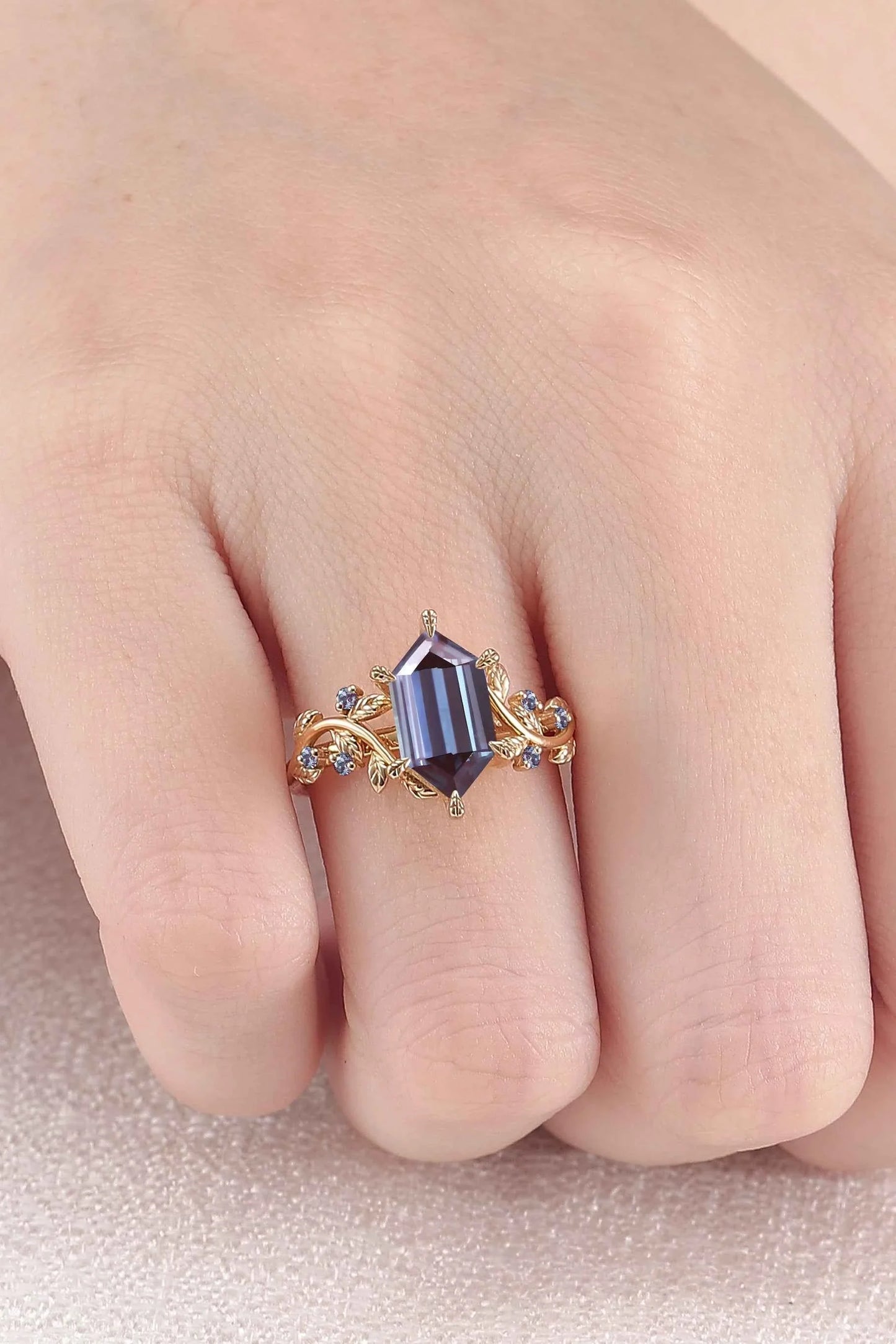 Nature Inspired Hexagon Cut Alexandrite Leafy Engagament Ring