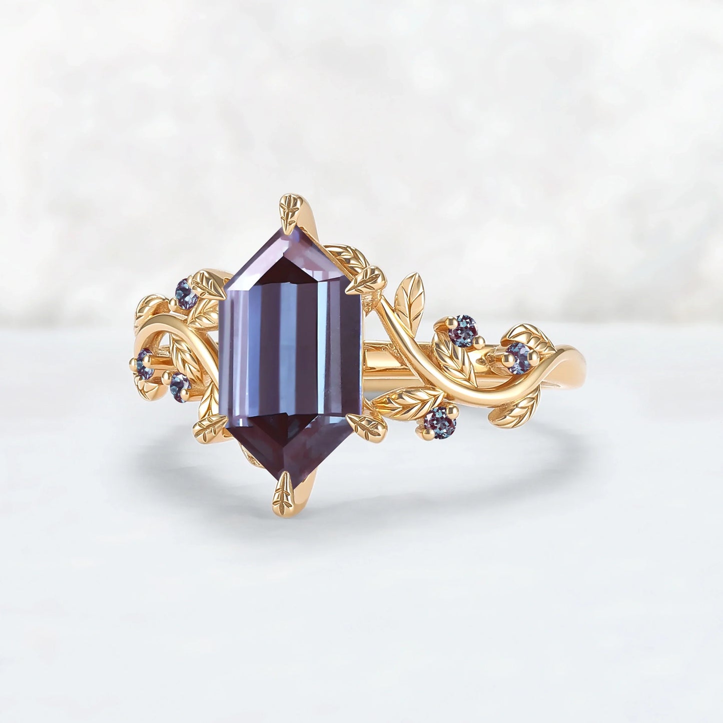 Nature Inspired Hexagon Cut Alexandrite Leafy Engagament Ring