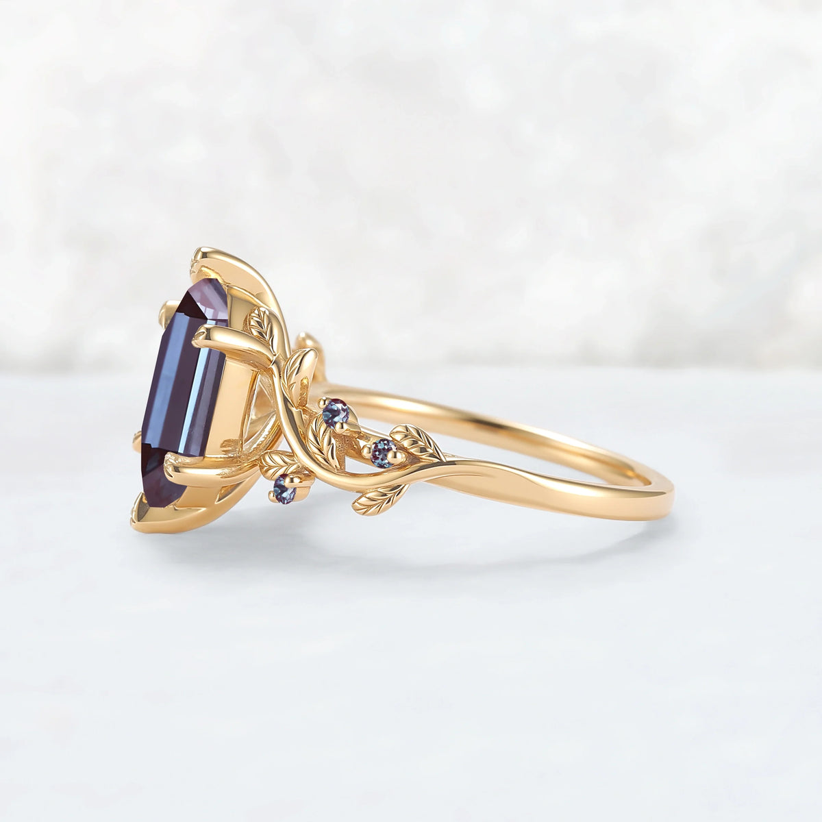 Nature Inspired Hexagon Cut Alexandrite Leafy Engagament Ring