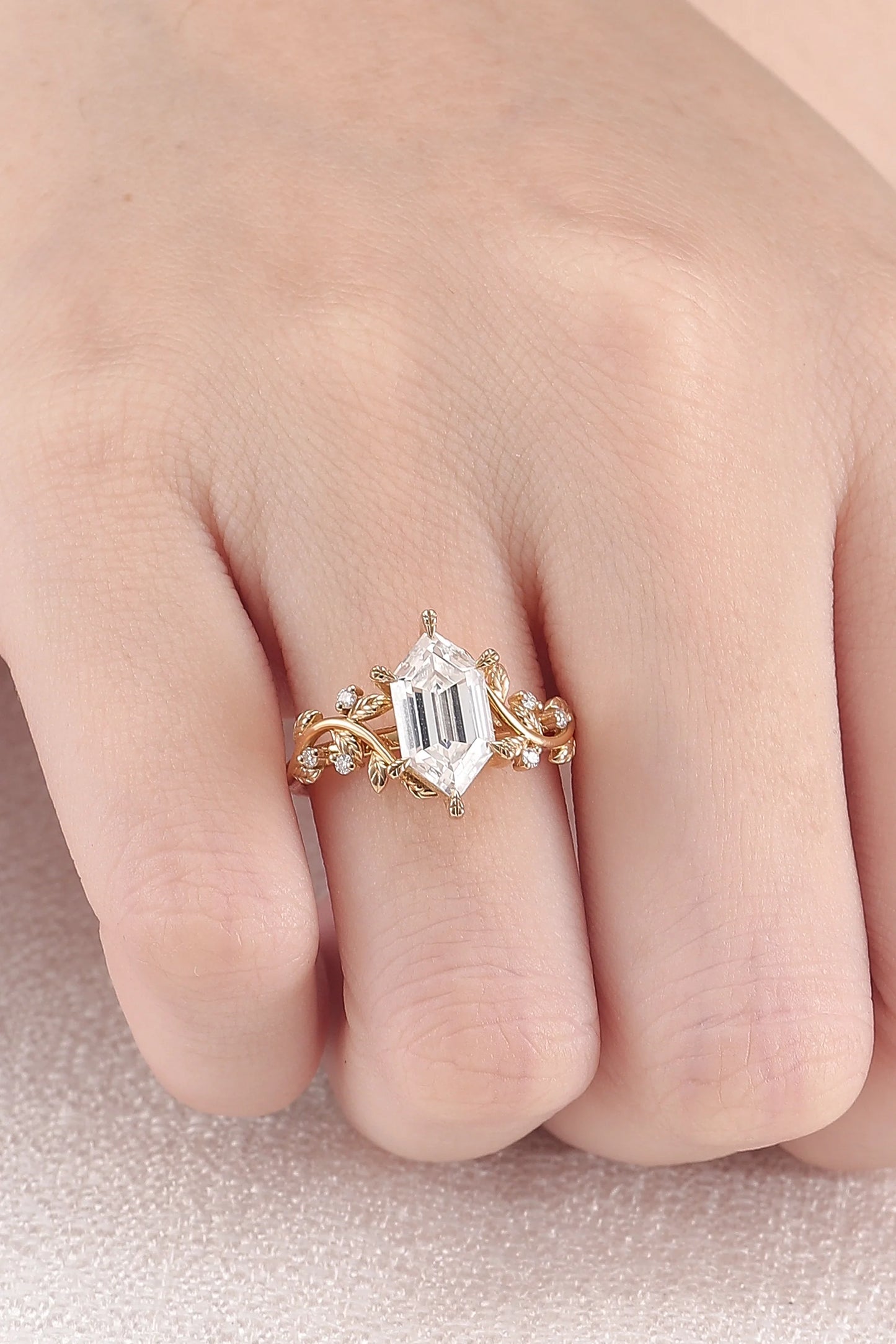Nature Inspired Hexagon Cut Moissanite Leafy Engagament Ring