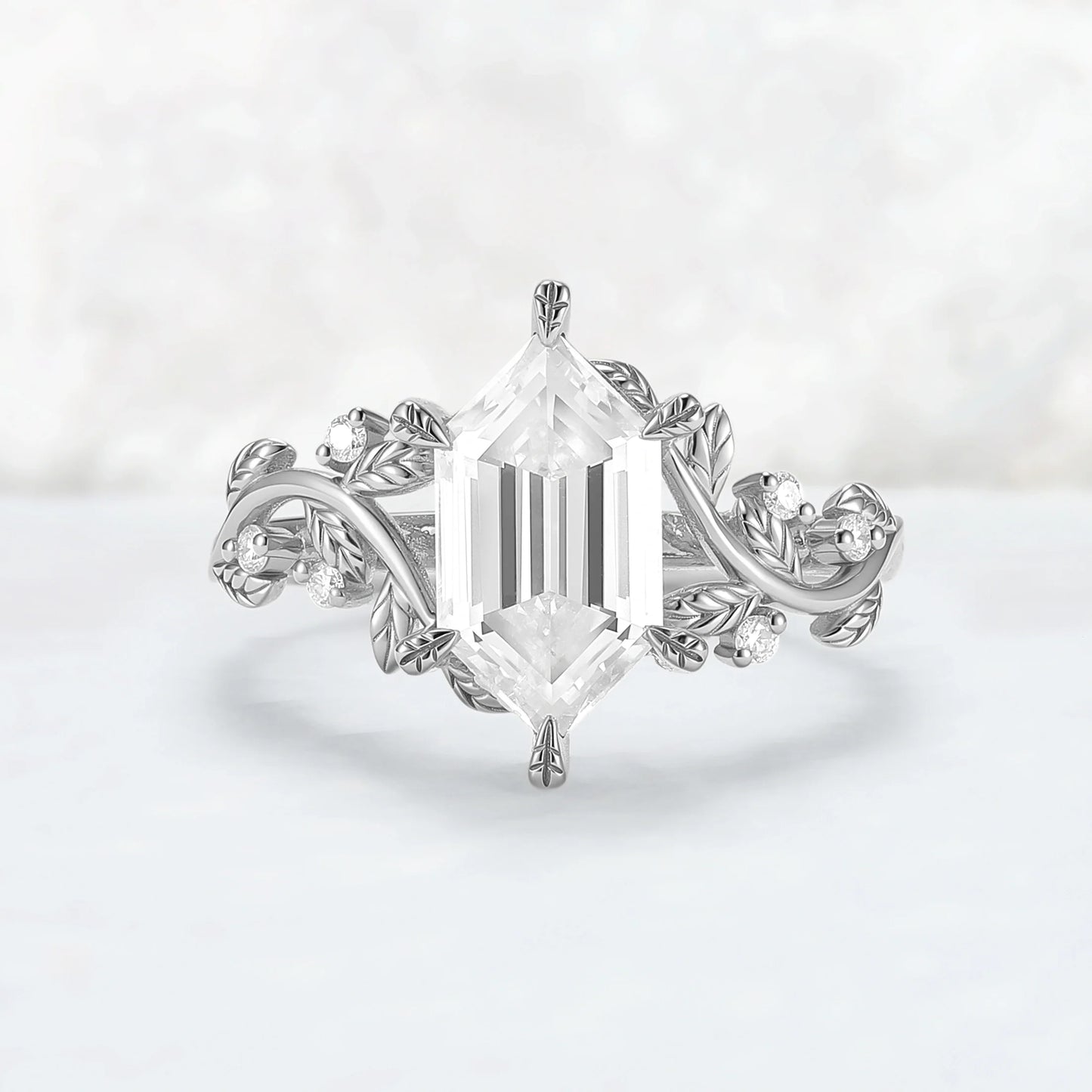 Nature Inspired Hexagon Cut Moissanite Leafy Engagament Ring