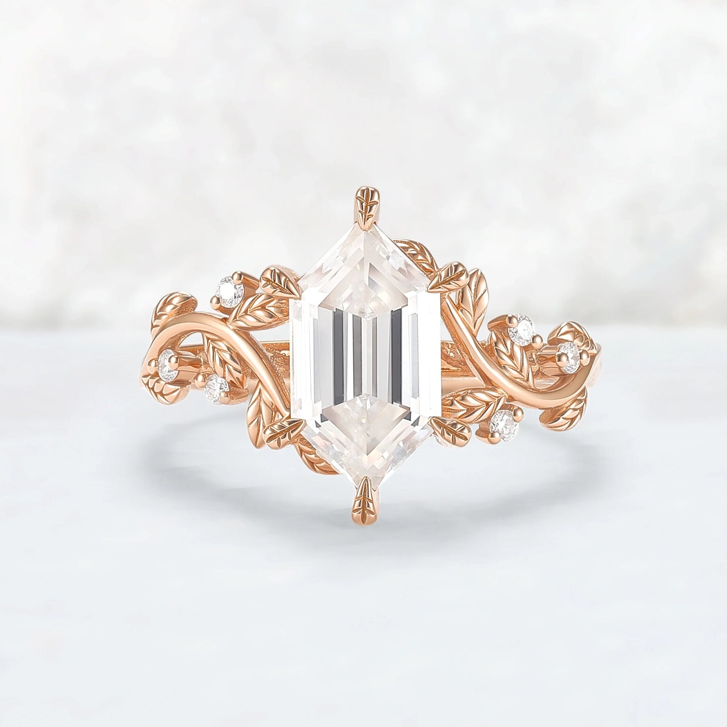 Nature Inspired Hexagon Cut Moissanite Leafy Engagament Ring