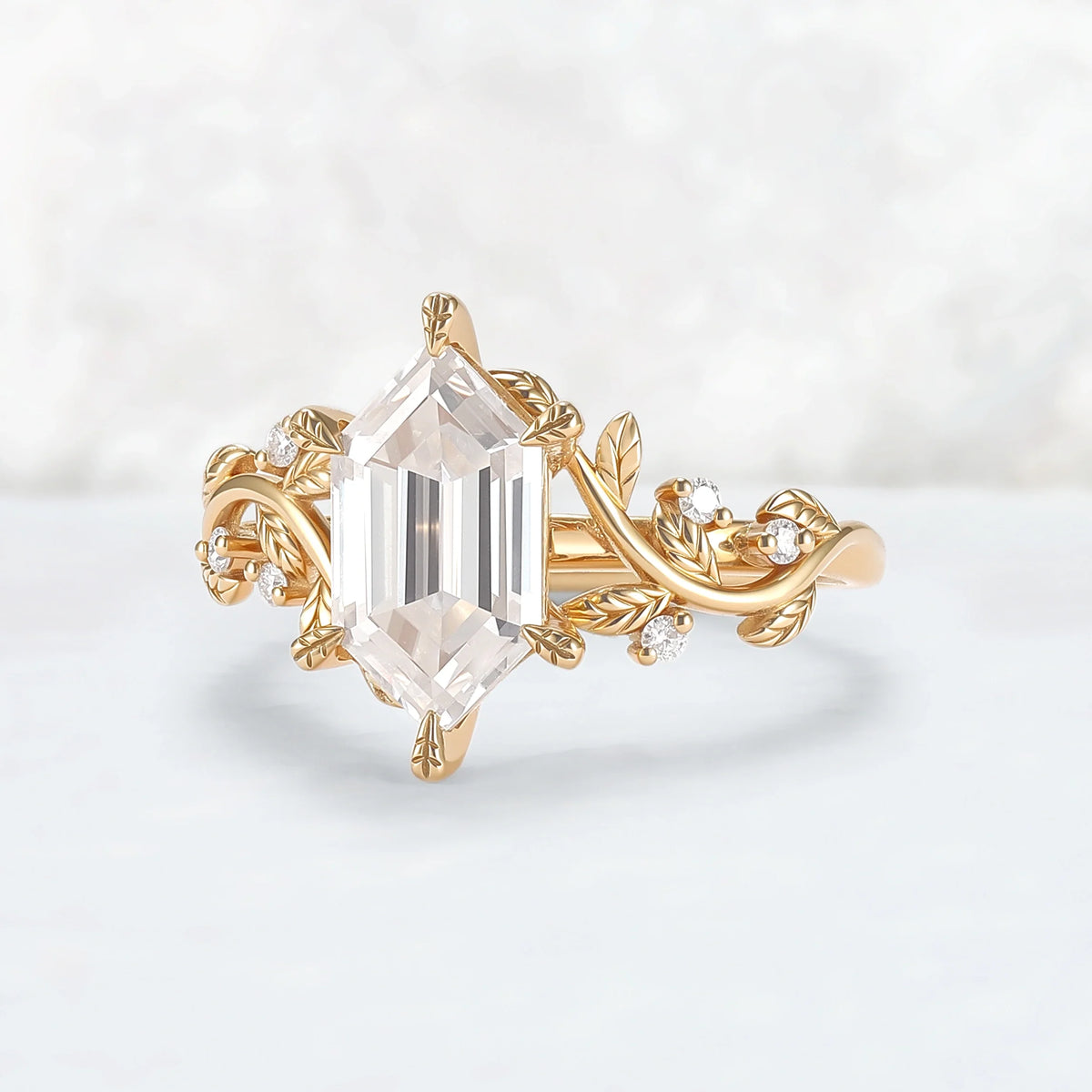 Nature Inspired Hexagon Cut Moissanite Leafy Engagament Ring