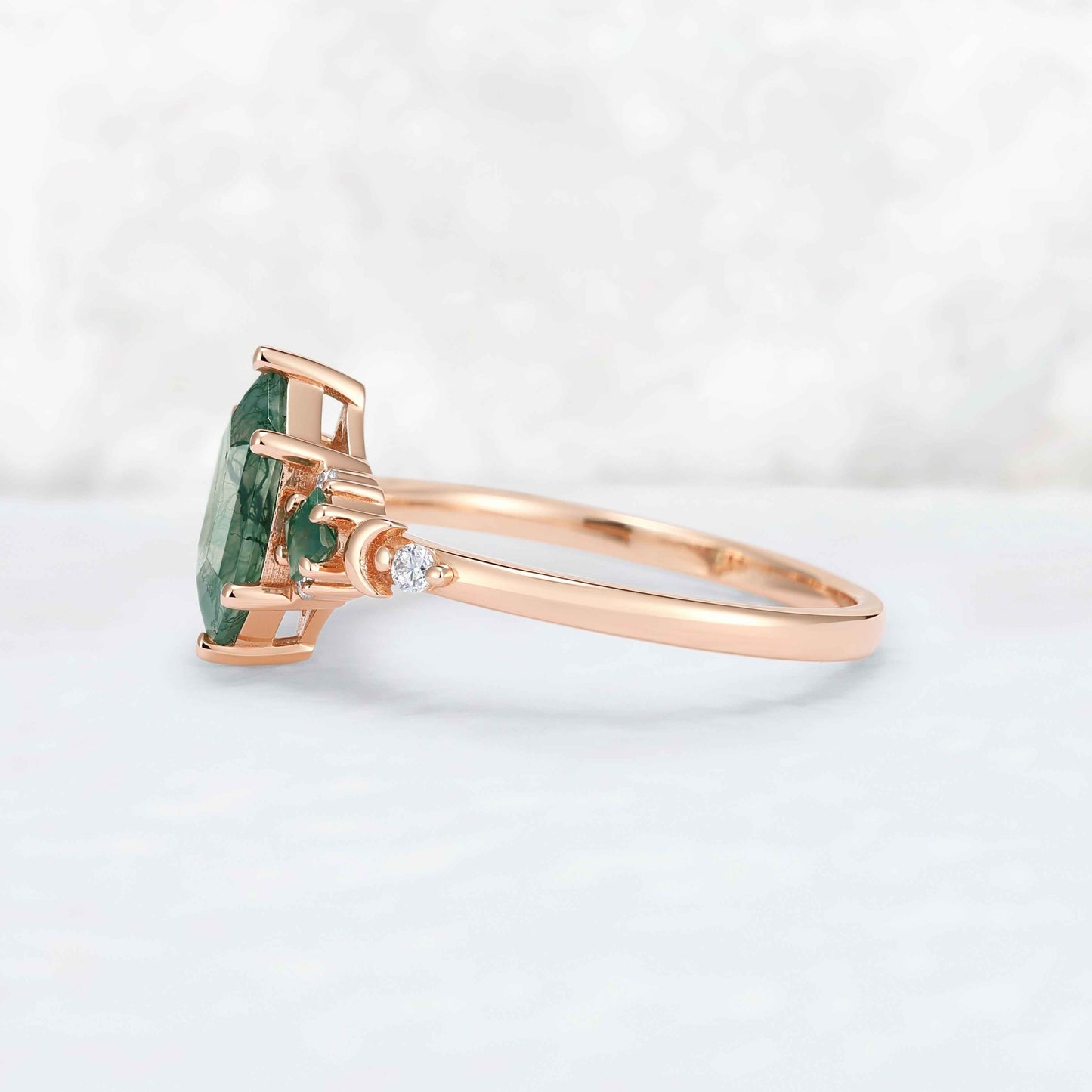 Moon Inspired Hexagon Cut Moss Agate Engagement Ring