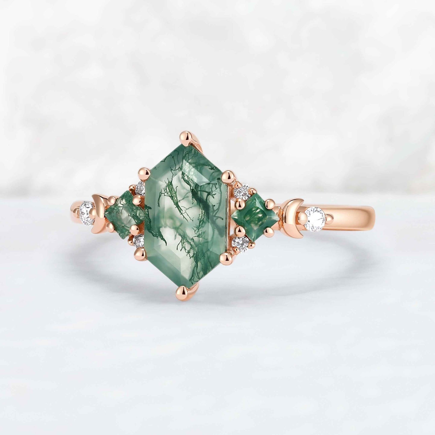 Moon Inspired Hexagon Cut Moss Agate Engagement Ring
