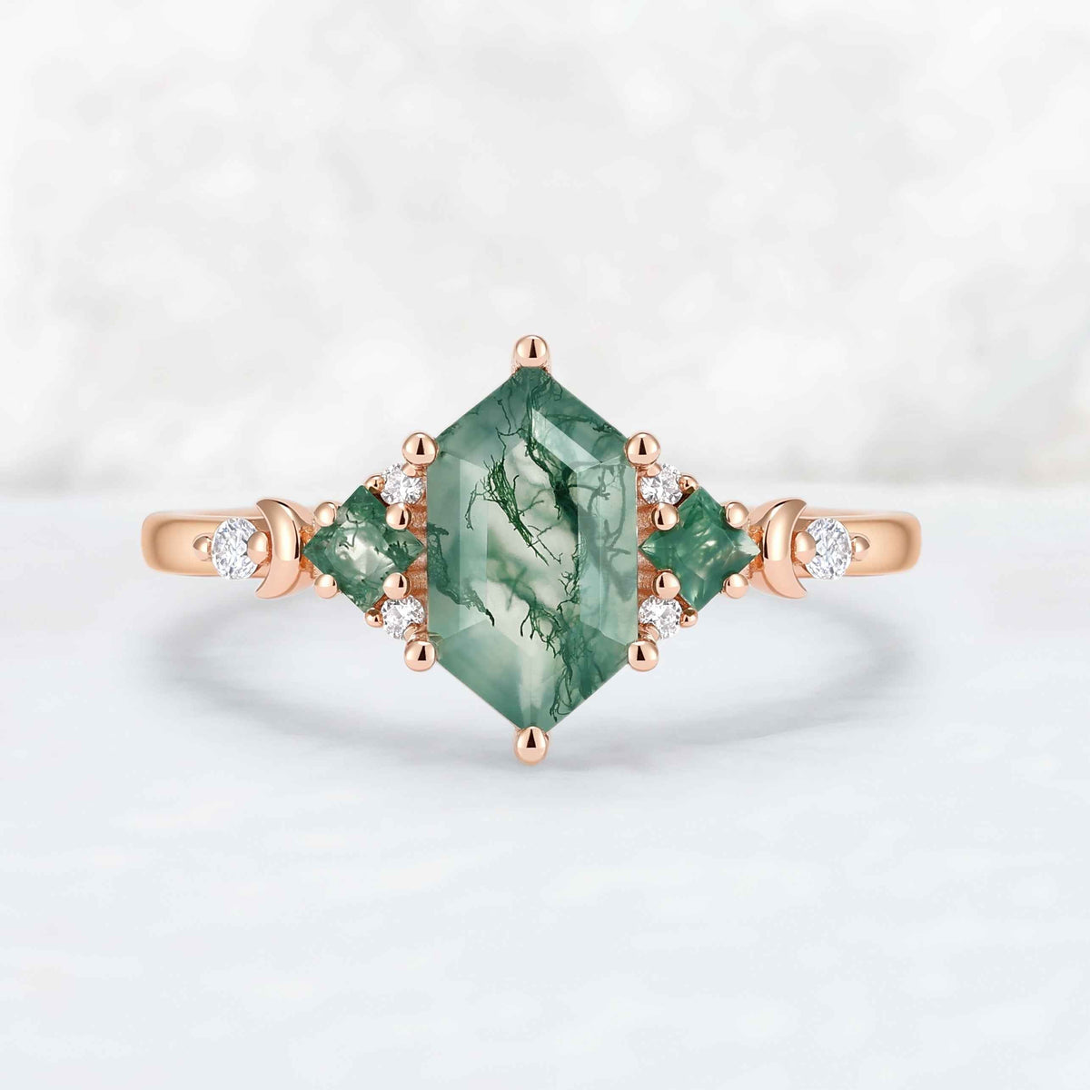 Moon Inspired Hexagon Cut Moss Agate Engagement Ring