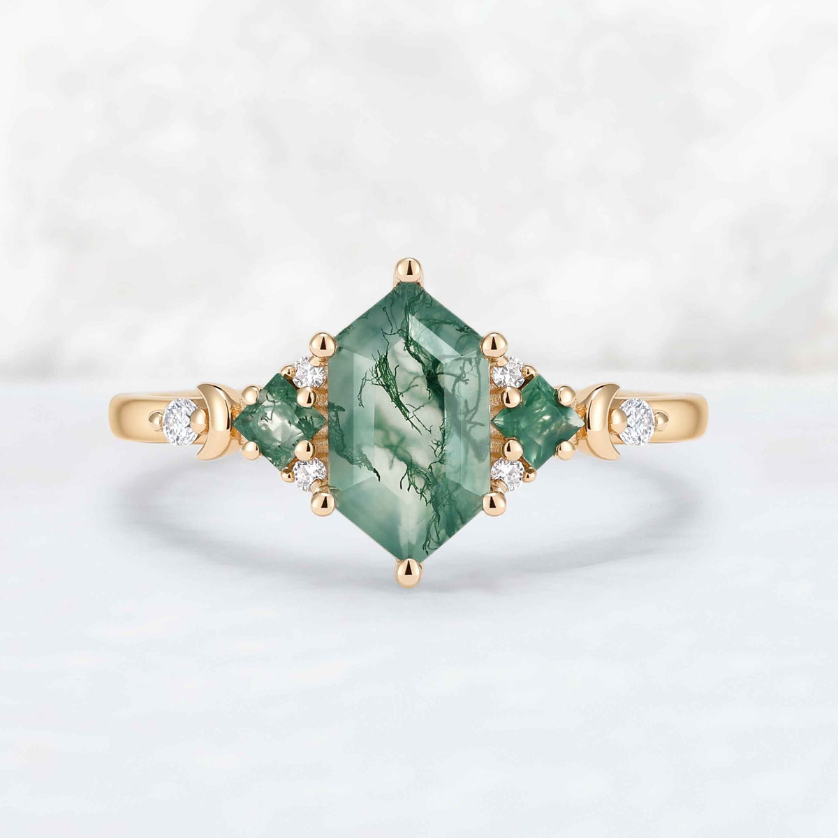 Moon Inspired Hexagon Cut Moss Agate Engagement Ring