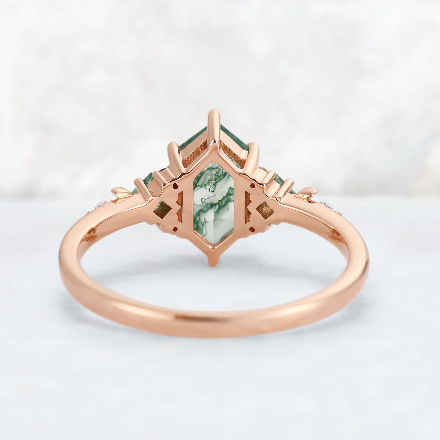 Moon Inspired Hexagon Cut Moss Agate Engagement Ring