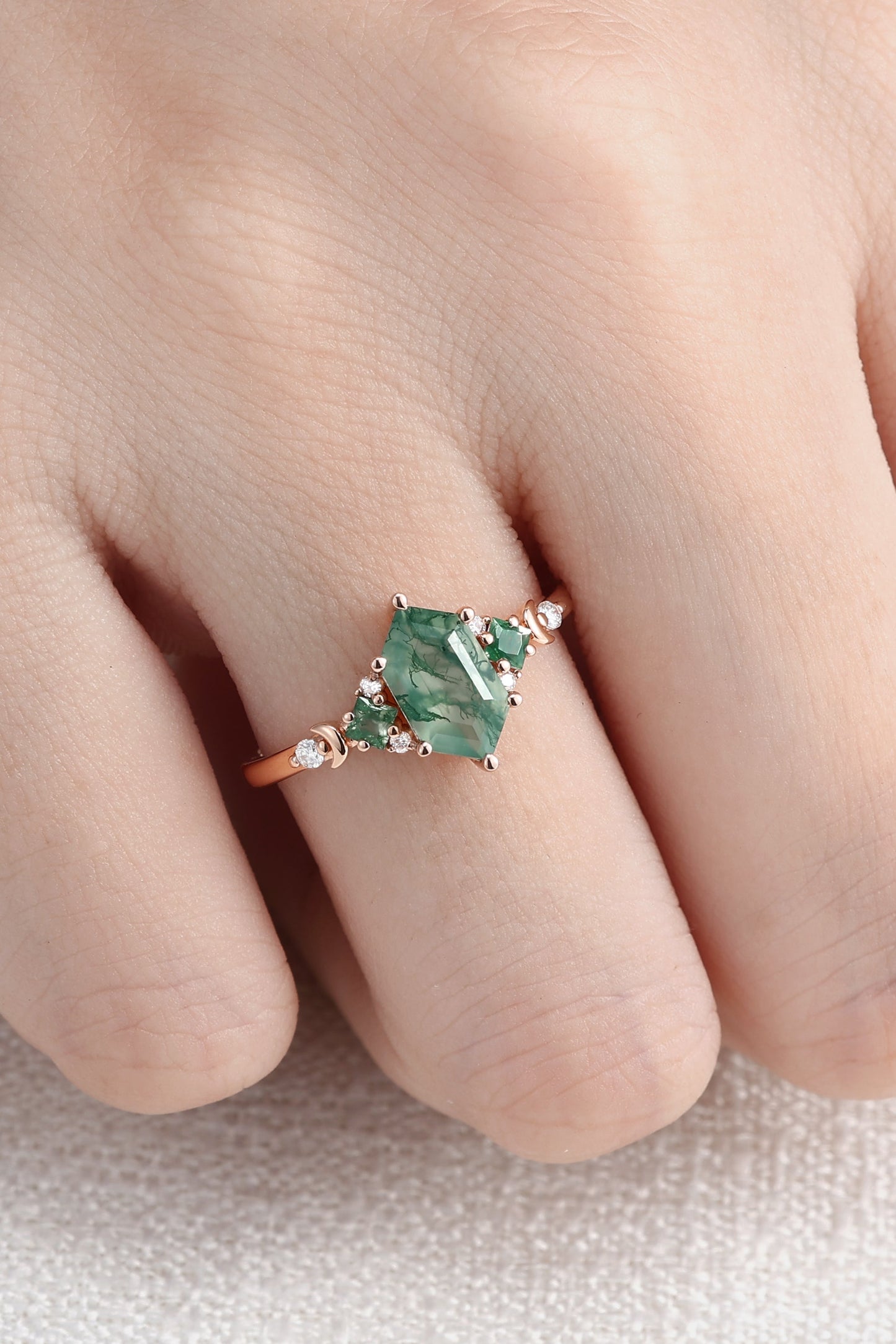 Moon Inspired Hexagon Cut Moss Agate Engagement Ring