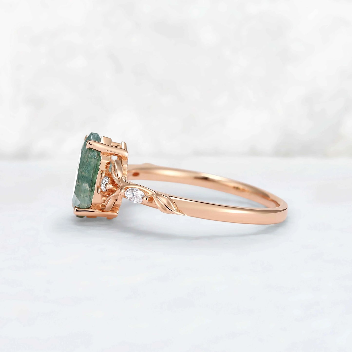 Nature Inspired Hexagon Cut Moss Agate Vine & Leafy Engagement Ring