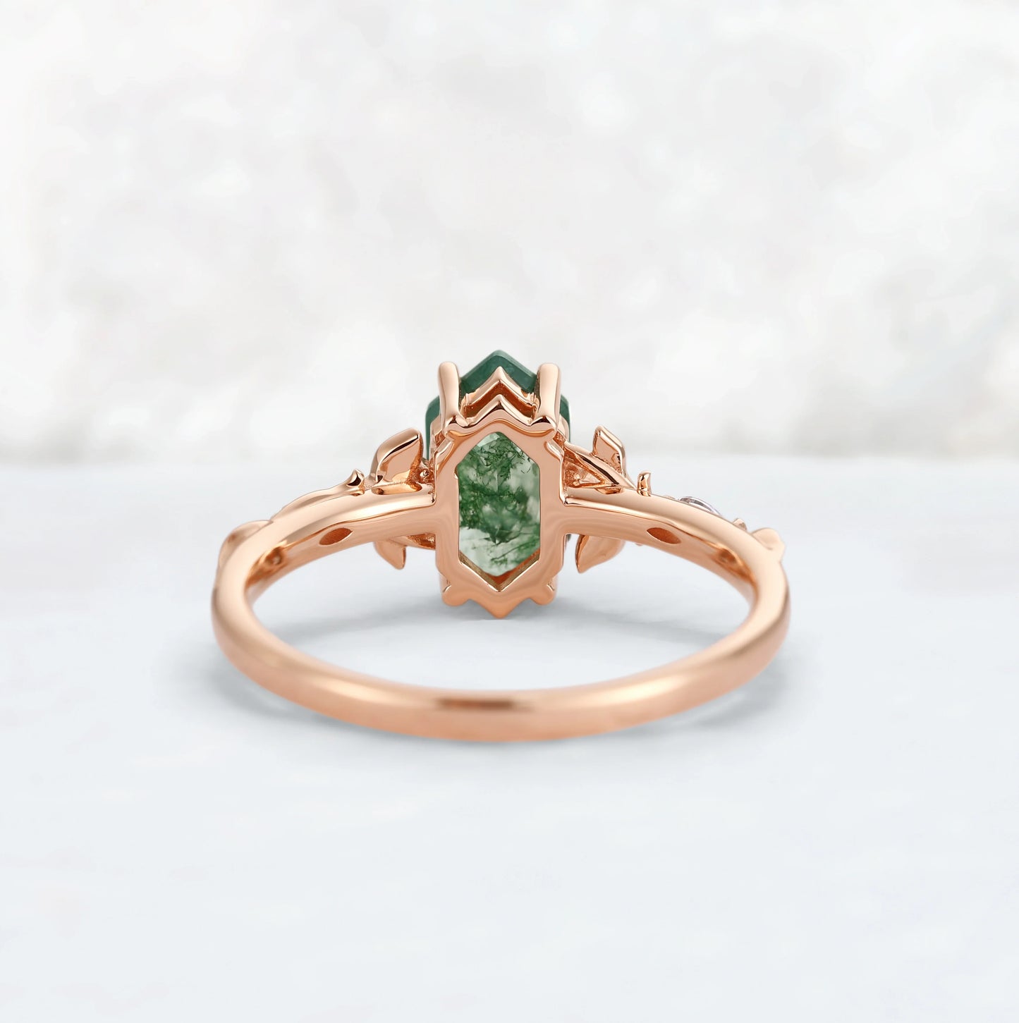 Nature Inspired Hexagon Cut Moss Agate Vine & Leafy Engagement Ring