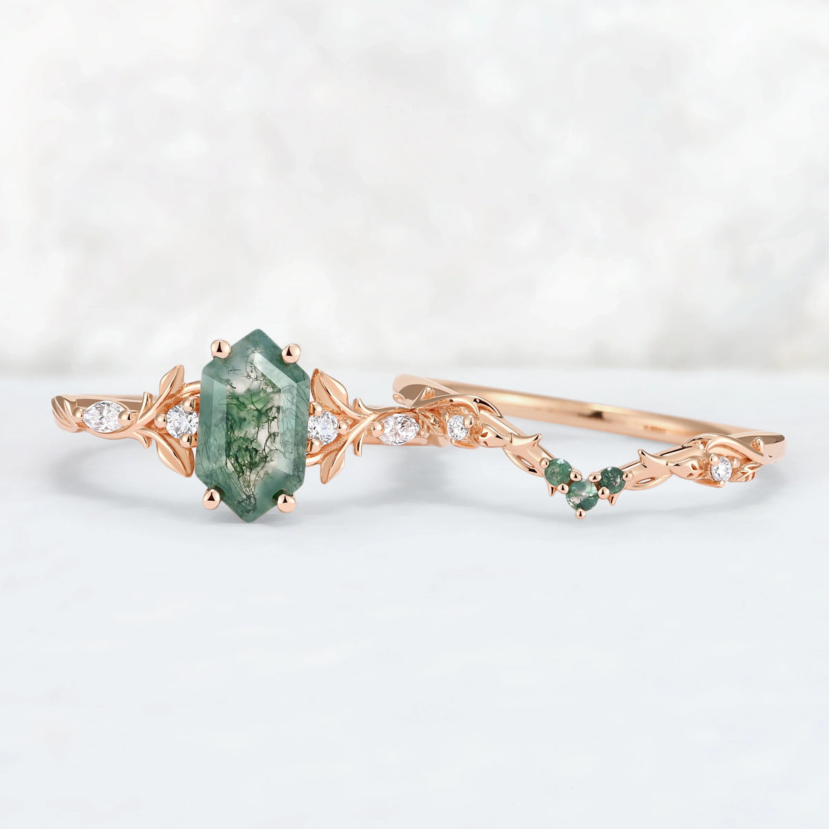 Nature Inspired Hexagon Cut Moss Agate Vine & Leafy Engagement Ring Set 2pcs