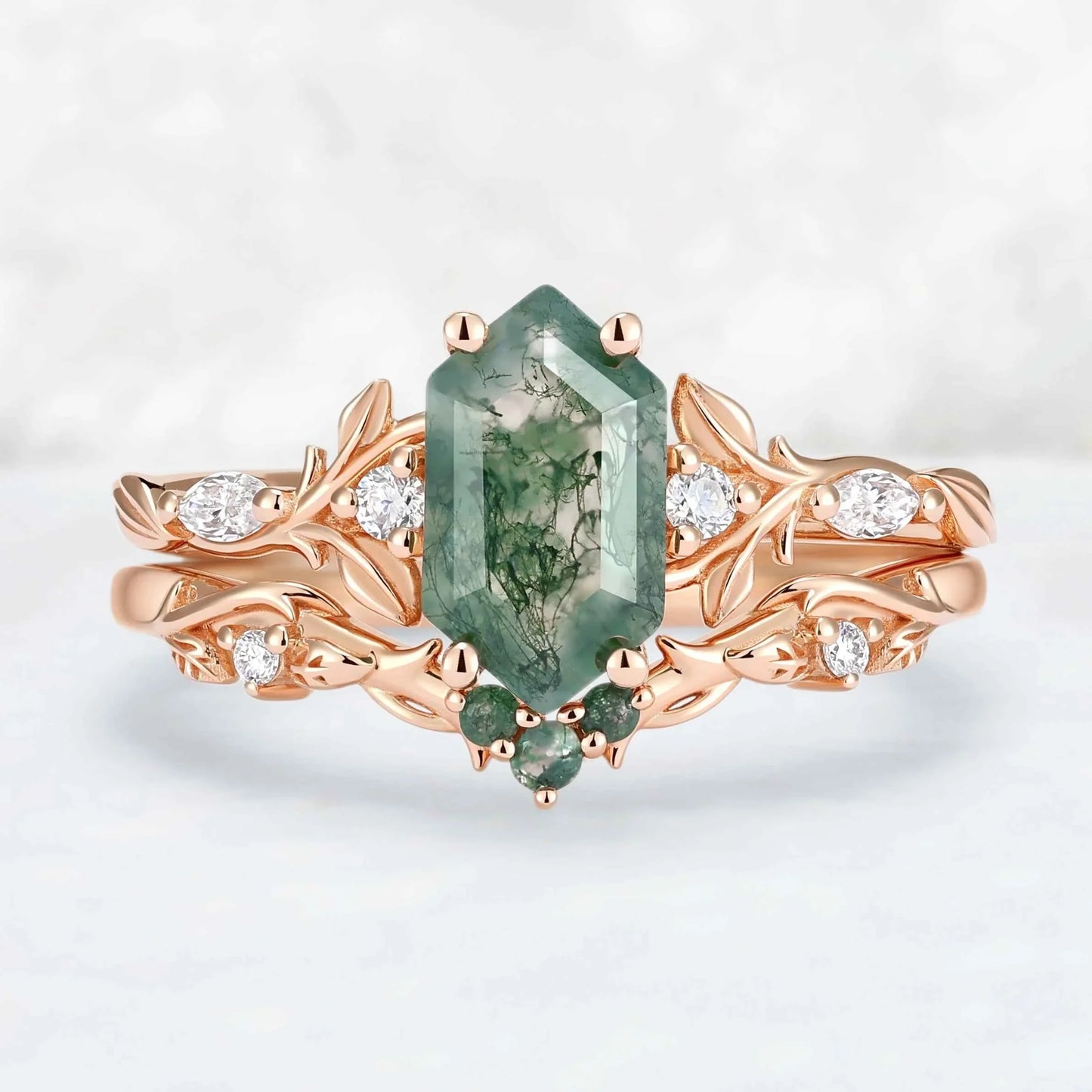 Nature Inspired Hexagon Cut Moss Agate Vine & Leafy Engagement Ring Set 2pcs