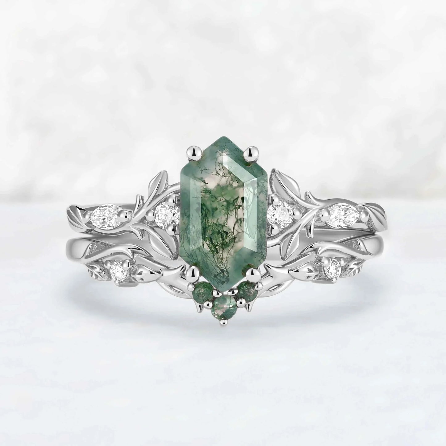 Nature Inspired Hexagon Cut Moss Agate Vine & Leafy Engagement Ring Set 2pcs
