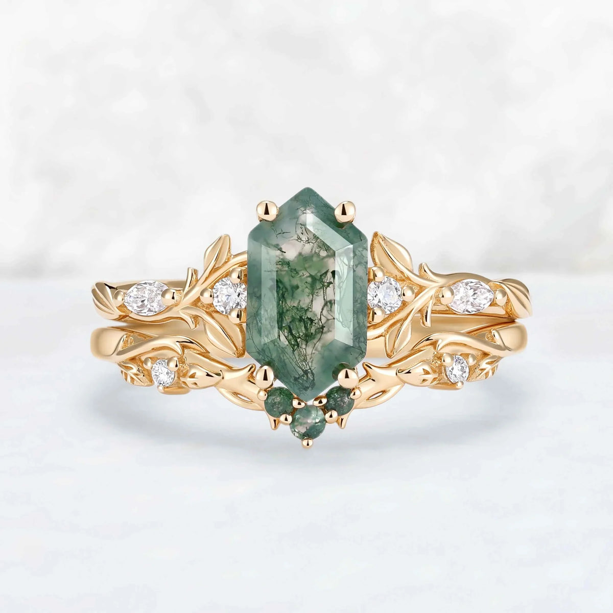 Nature Inspired Hexagon Cut Moss Agate Vine & Leafy Engagement Ring Set 2pcs