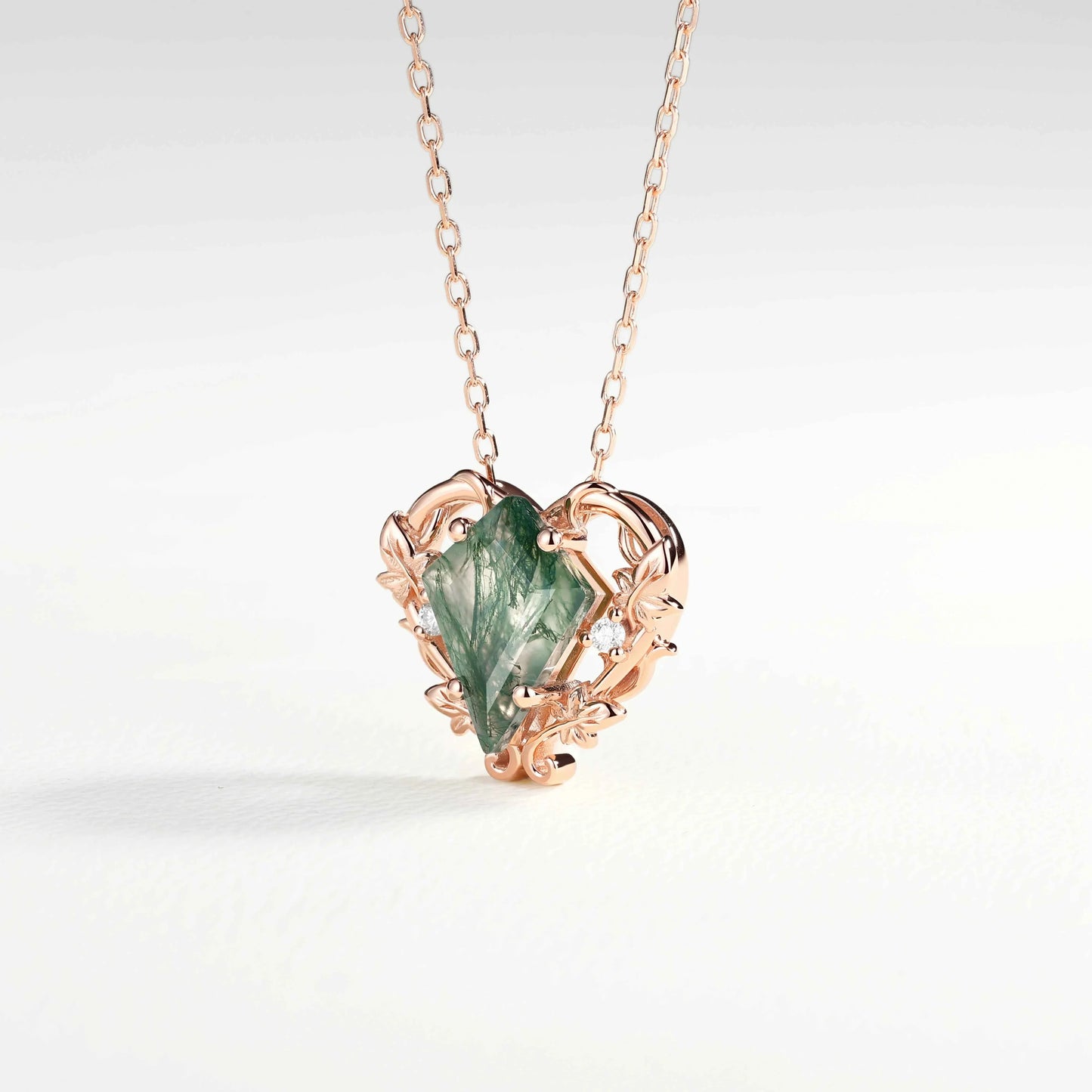 Nature Inspired Ivy Vine Moss Agate Heart Pendant Necklace