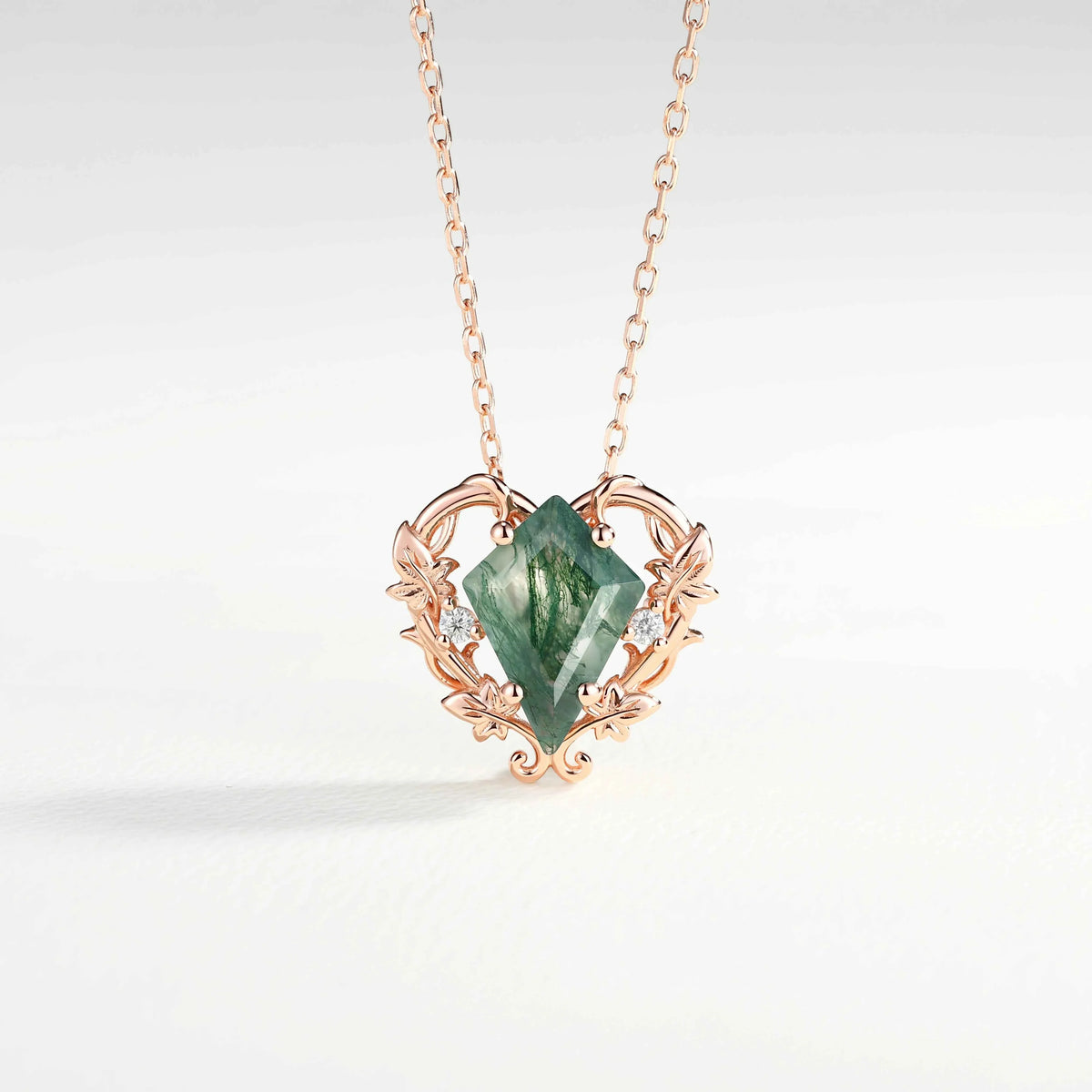 Nature Inspired Ivy Vine Moss Agate Heart Pendant Necklace
