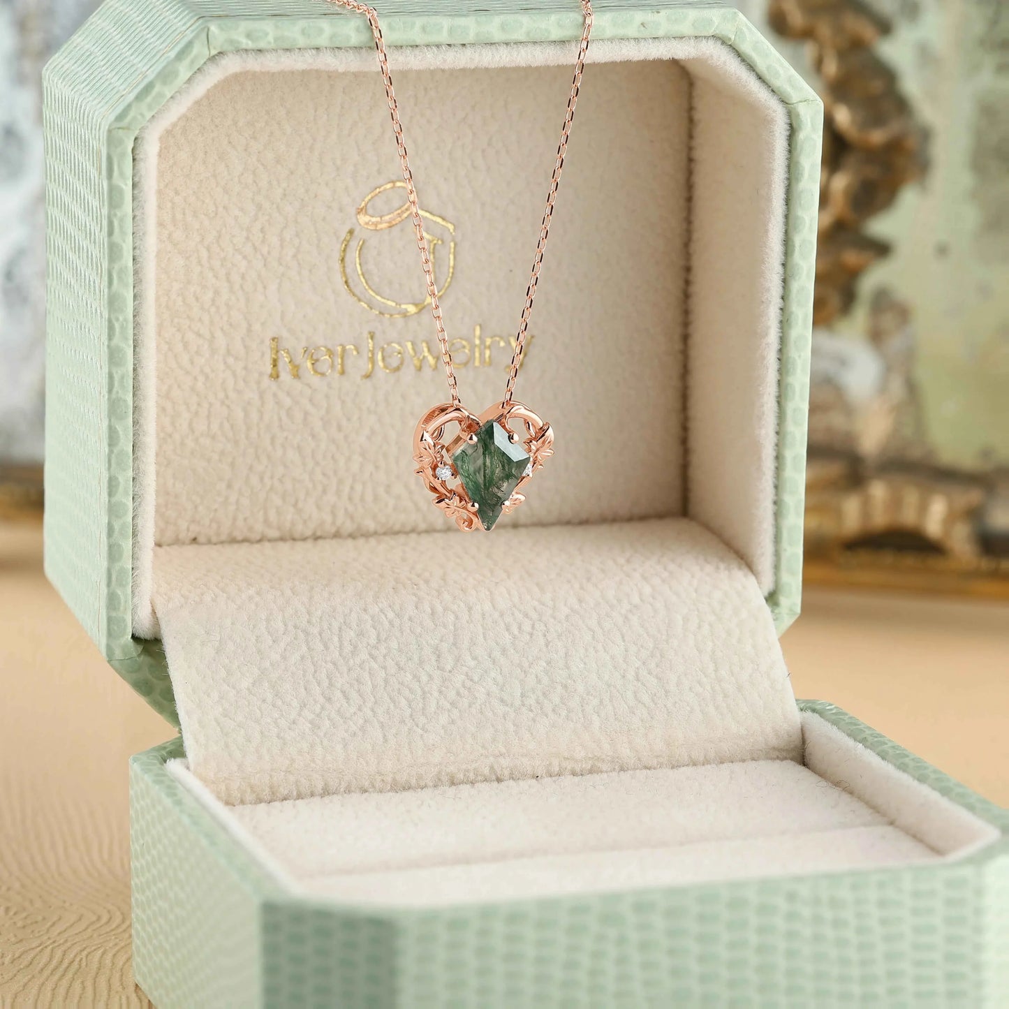 Nature Inspired Ivy Vine Moss Agate Heart Pendant Necklace