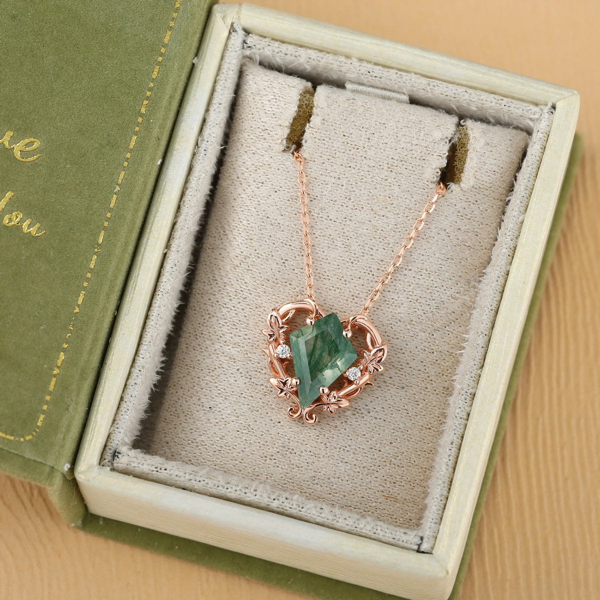 Nature Inspired Ivy Vine Moss Agate Heart Pendant Necklace