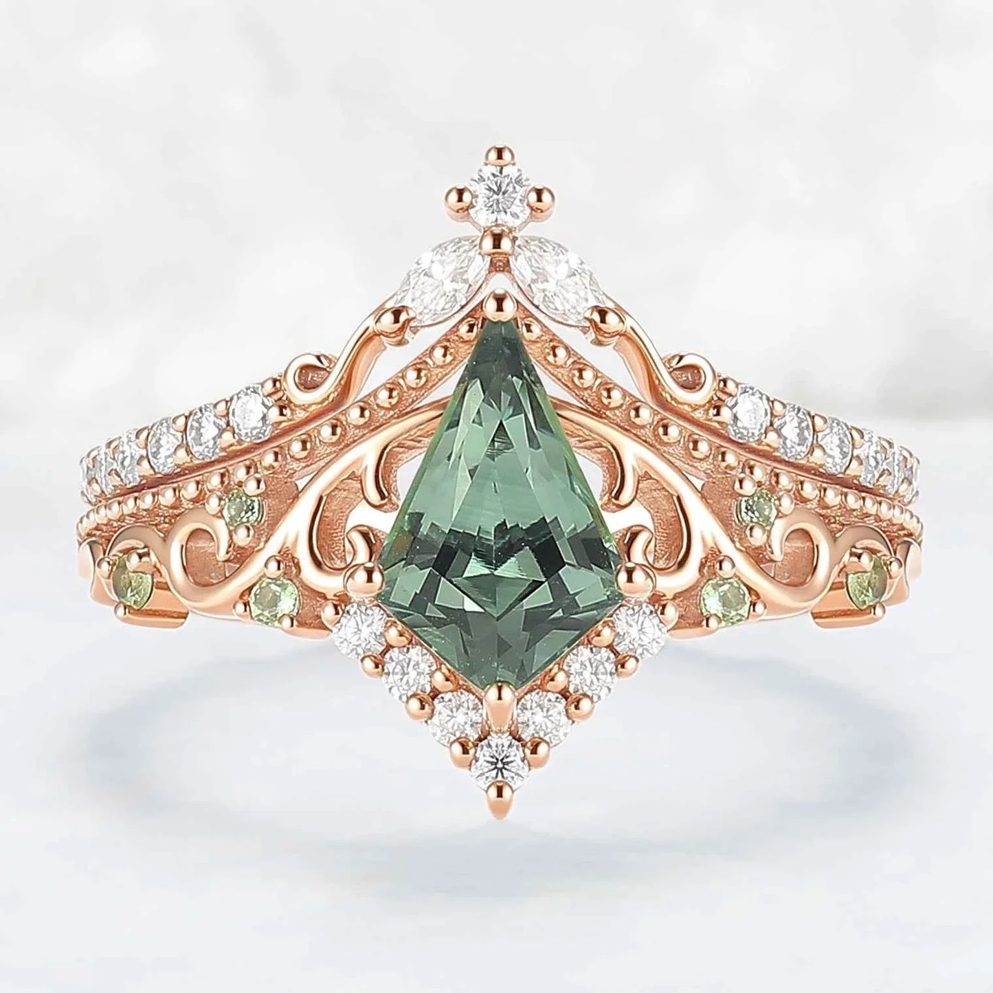 Nature Inspired Kite Cut Lab Green Sapphire Openwork Vine Gemstone Ring Set 2pcs
