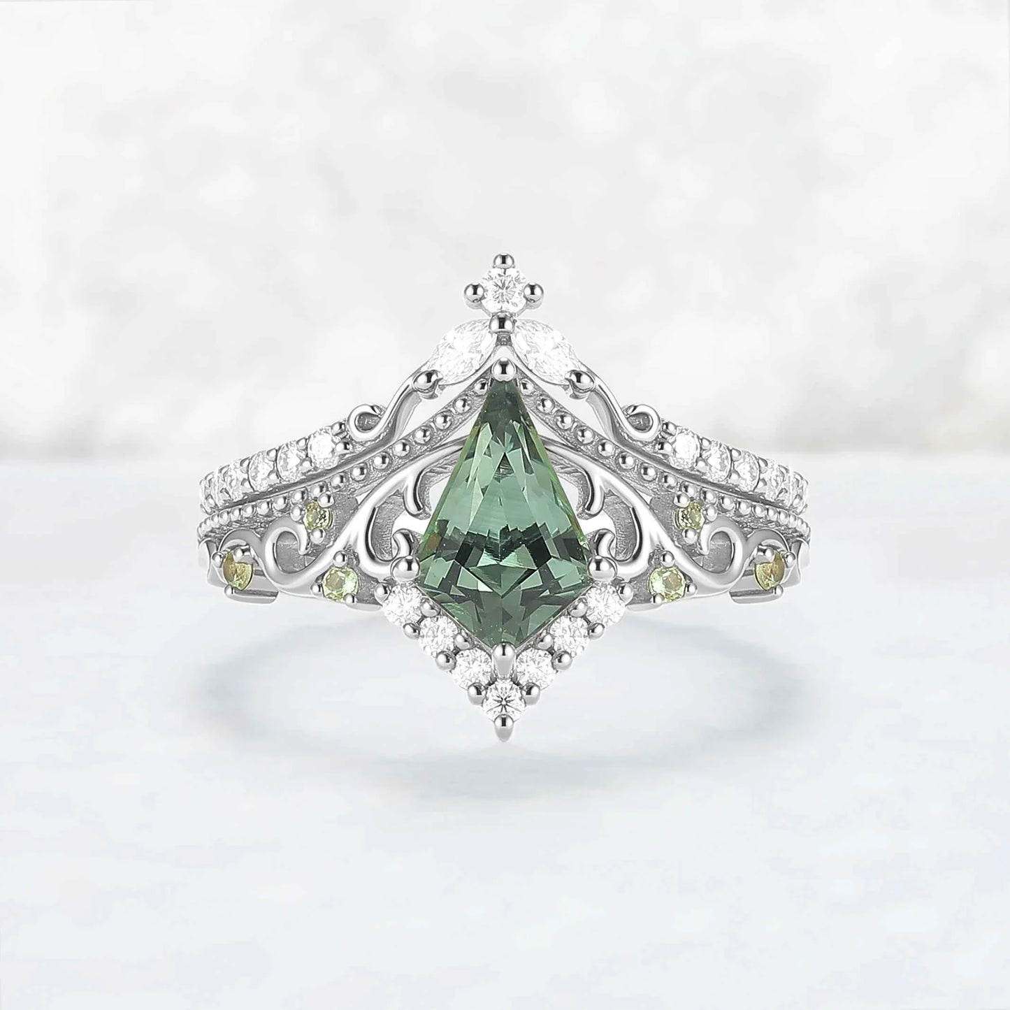 Nature Inspired Kite Cut Lab Green Sapphire Openwork Vine Gemstone Ring Set 2pcs