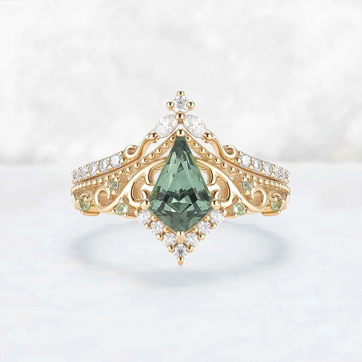 Nature Inspired Kite Cut Lab Green Sapphire Openwork Vine Gemstone Ring Set 2pcs