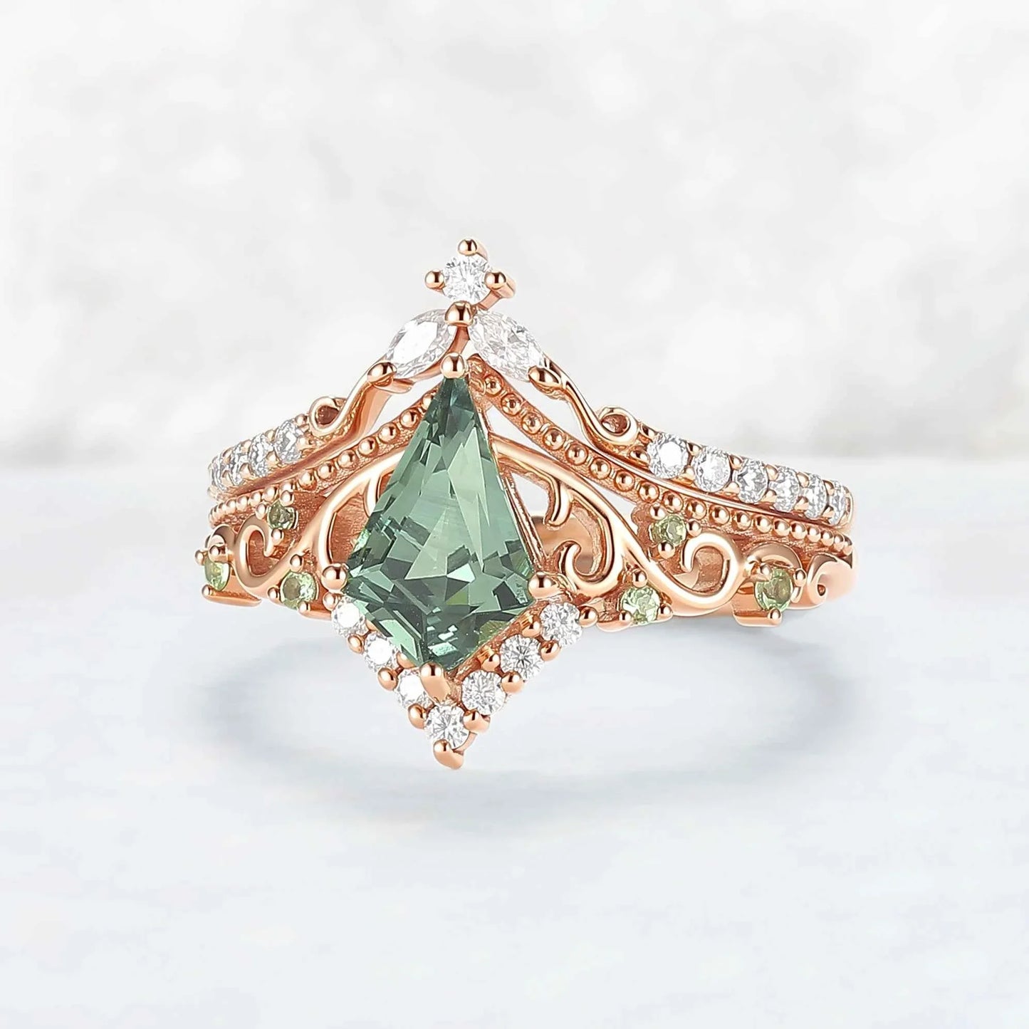 Nature Inspired Kite Cut Lab Green Sapphire Openwork Vine Gemstone Ring Set 2pcs