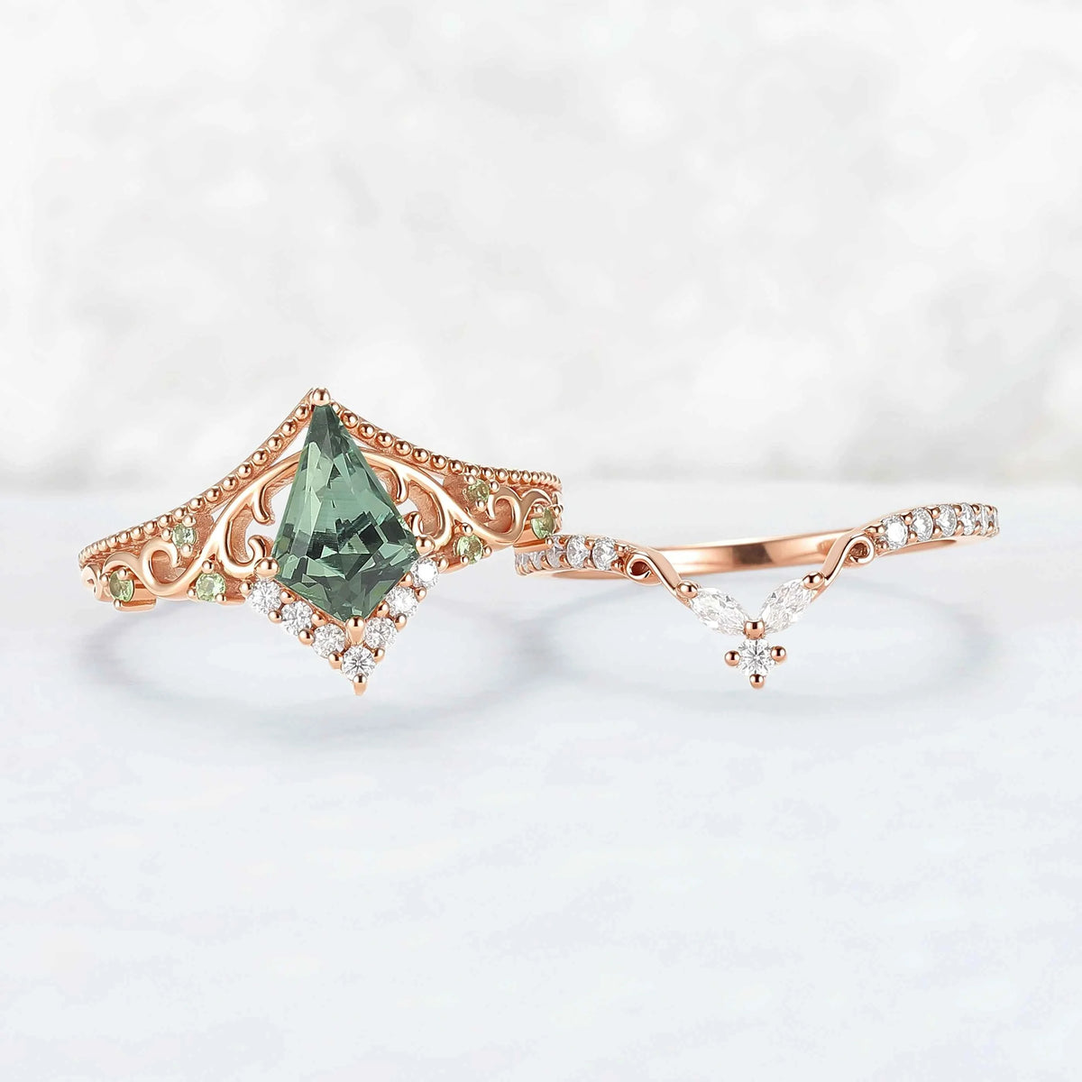 Nature Inspired Kite Cut Lab Green Sapphire Openwork Vine Gemstone Ring Set 2pcs