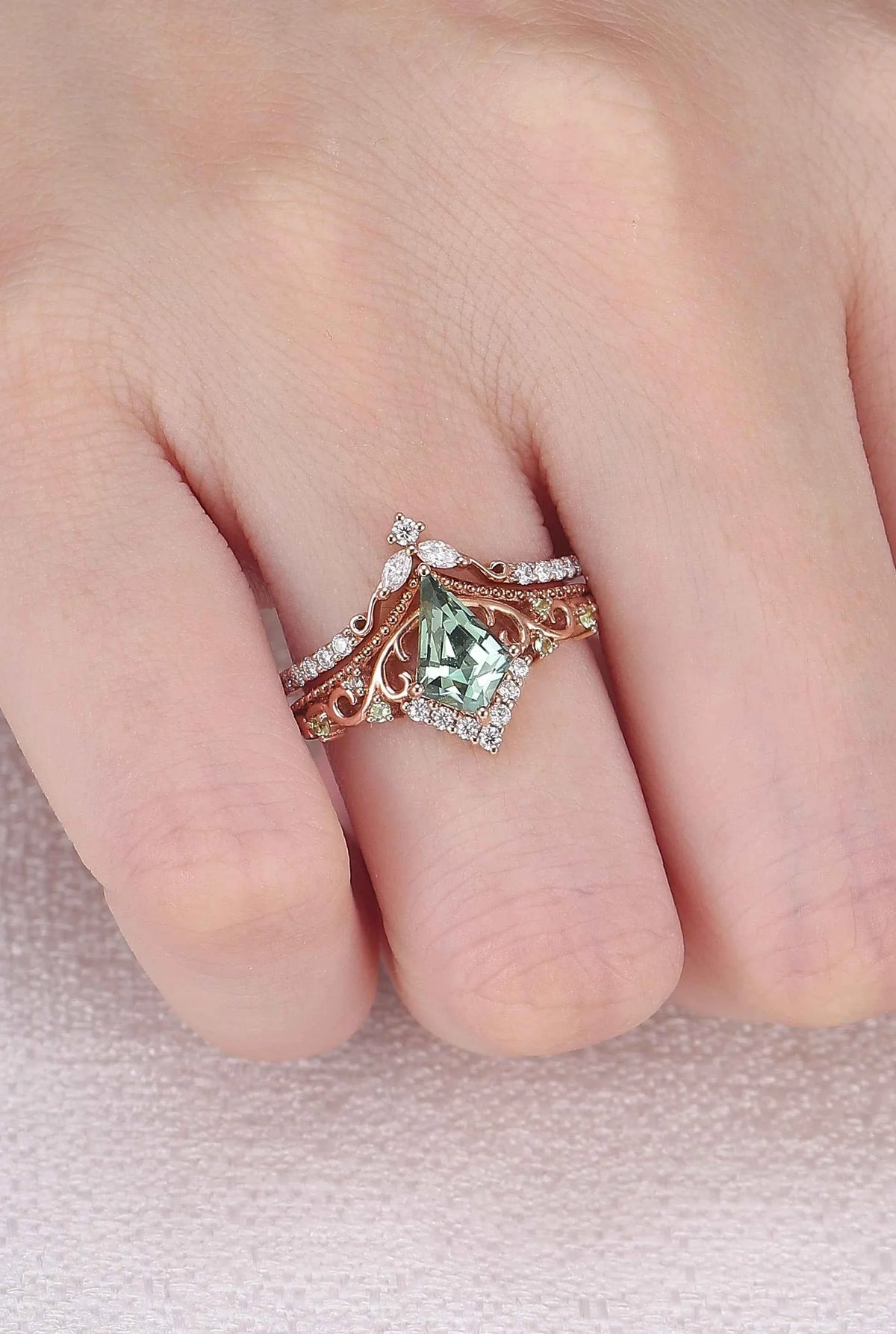 Nature Inspired Kite Cut Lab Green Sapphire Openwork Vine Gemstone Ring Set 2pcs
