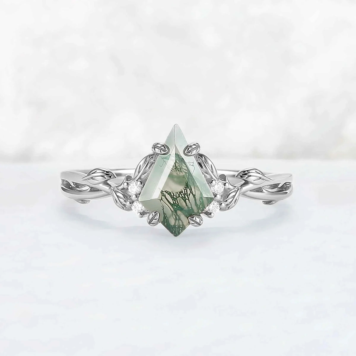 Nature Inspired Kite Cut Moss Agate Leaf Gemstone Silver Ring Set 2pcs