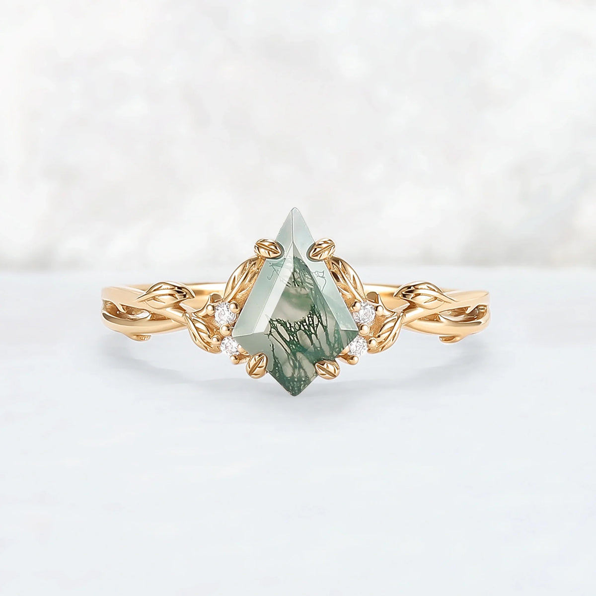 Nature Inspired Kite Cut Moss Agate Leaf Engagement Ring