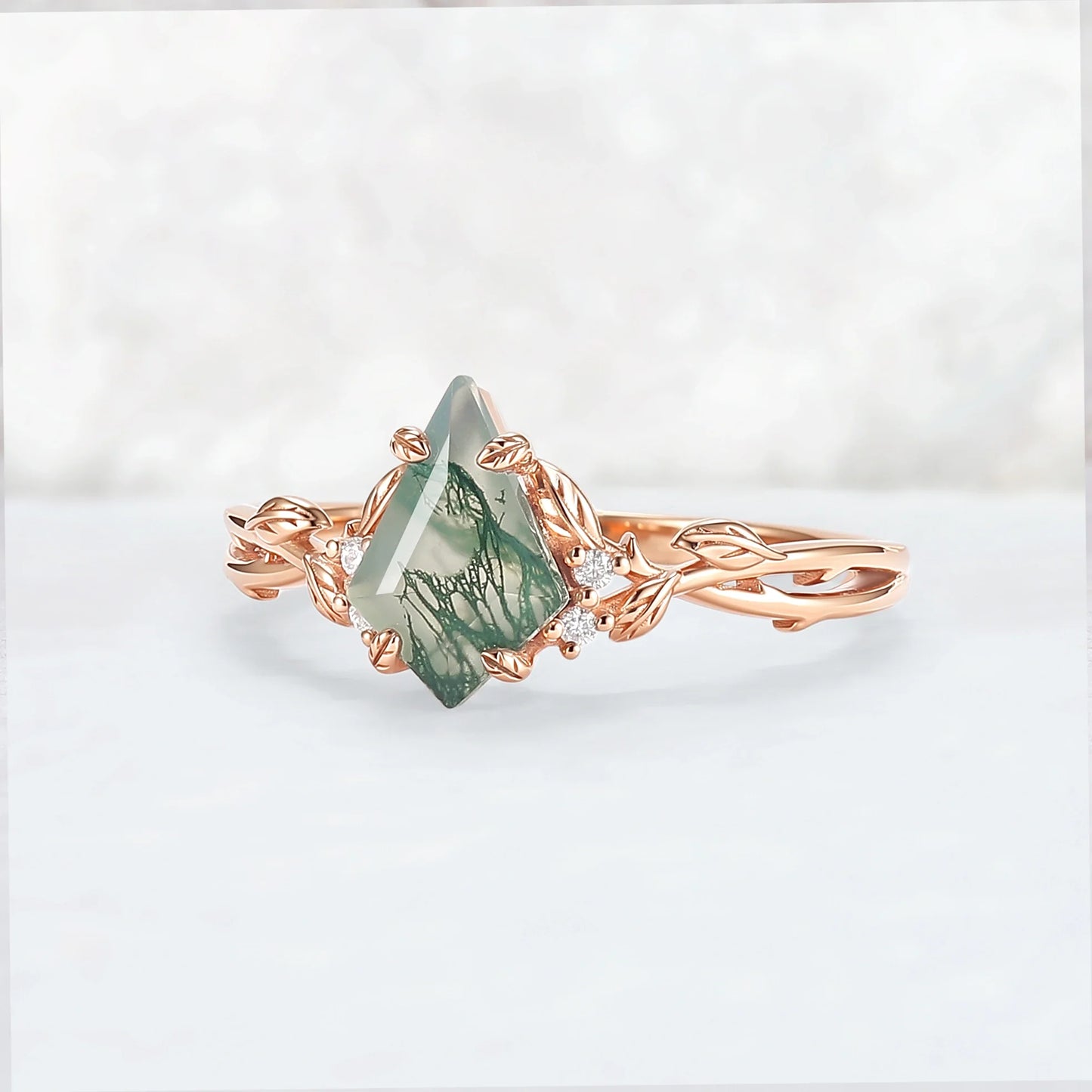 Nature Inspired Kite Cut Moss Agate Leaf Engagement Ring