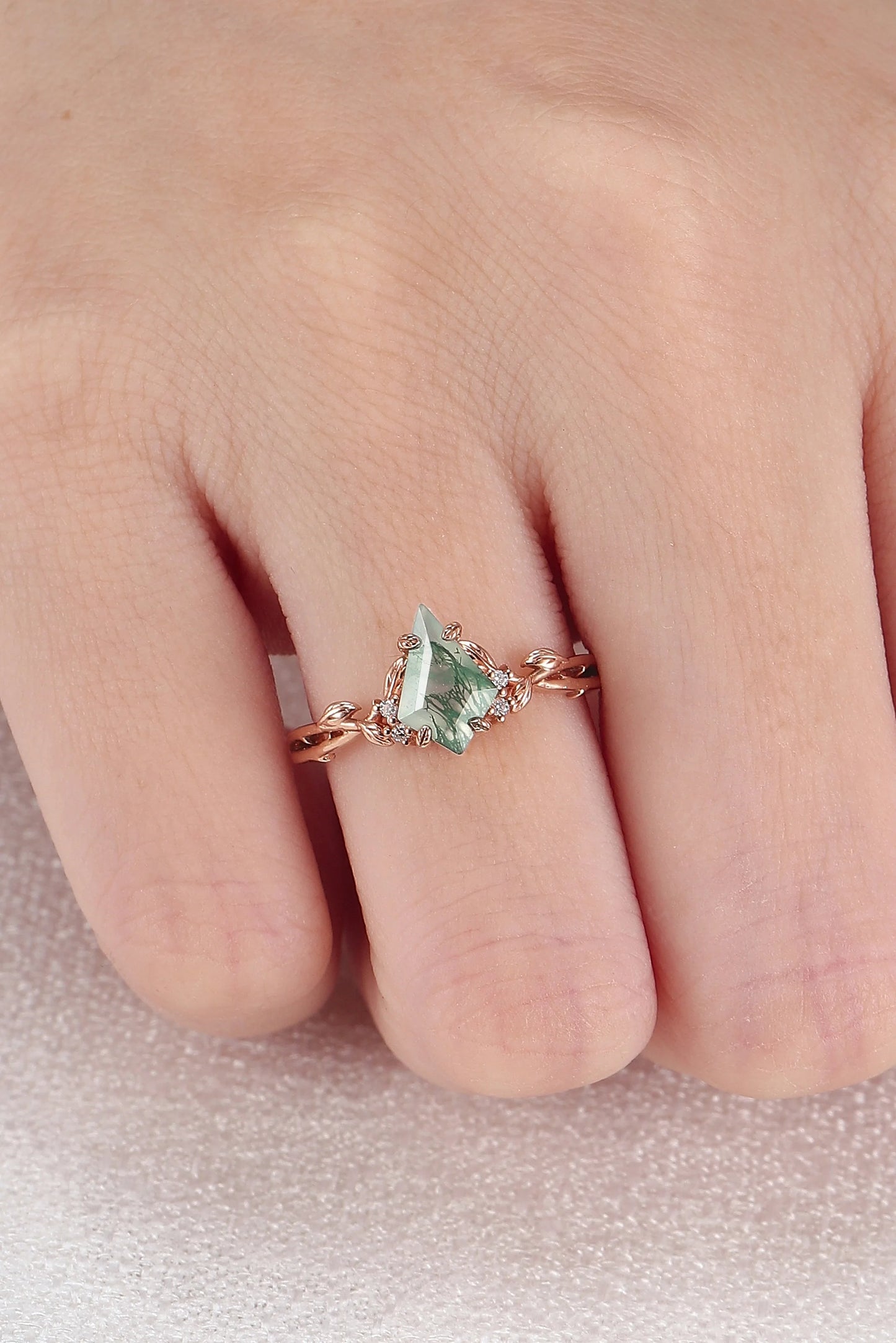 Nature Inspired Kite Cut Moss Agate Leaf Engagement Ring