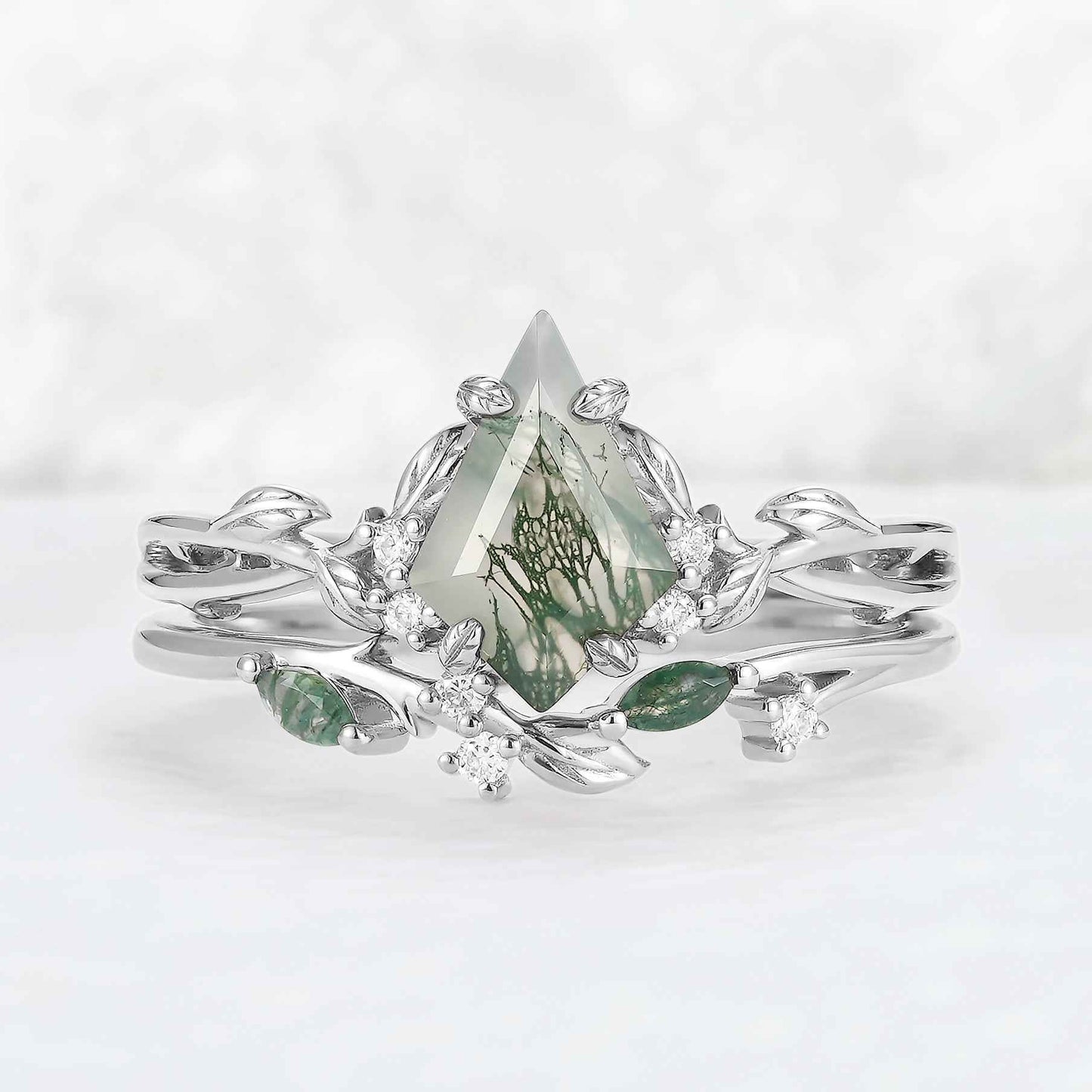 Nature Inspired Kite Cut Moss Agate Leaf Gemstone Silver Ring Set 2pcs