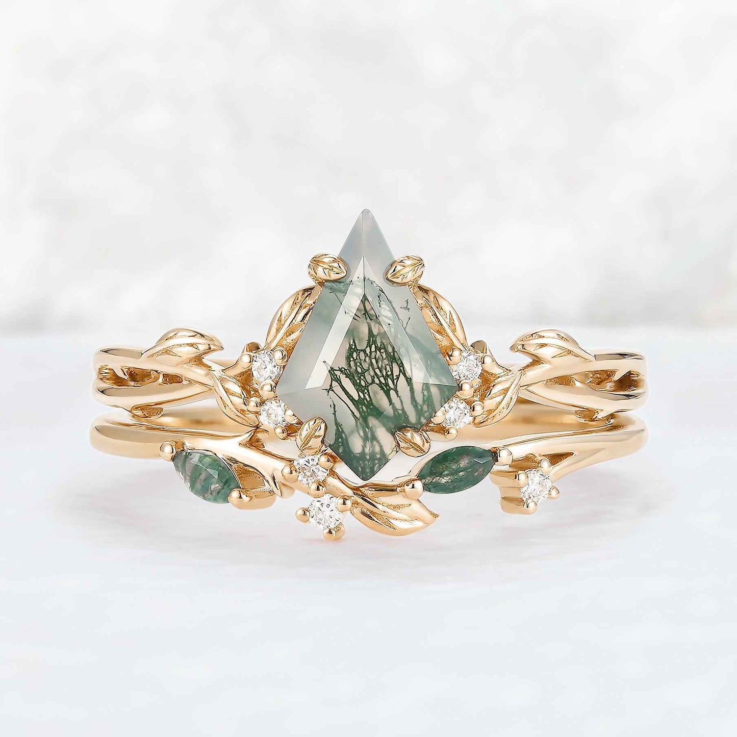 Nature Inspired Kite Cut Moss Agate Leaf Gemstone Silver Ring Set 2pcs