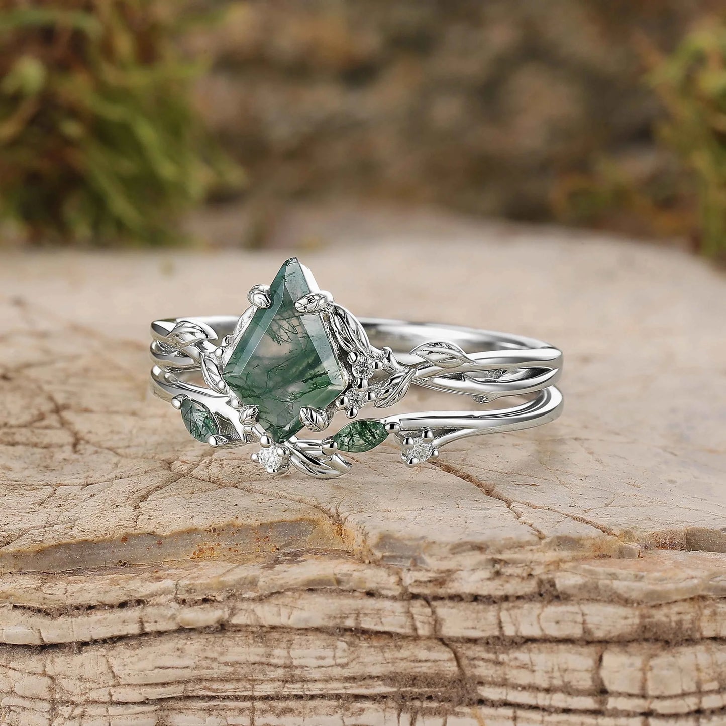 Nature Inspired Kite Cut Moss Agate Leaf Gemstone Silver Ring Set 2pcs