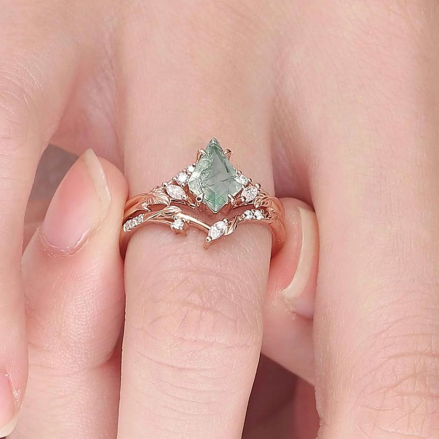 Nature Inspired Kite Cut Moss Agate Leafy Gemstone Ring