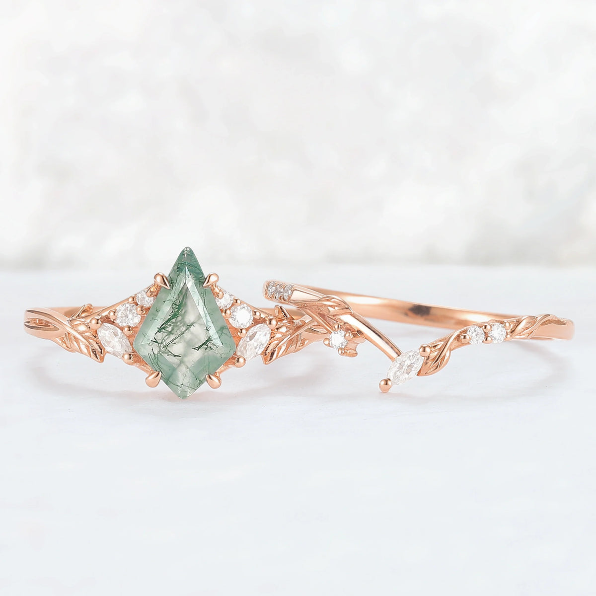 Nature Inspired Kite Cut Moss Agate Leafy Ring Set 2pcs