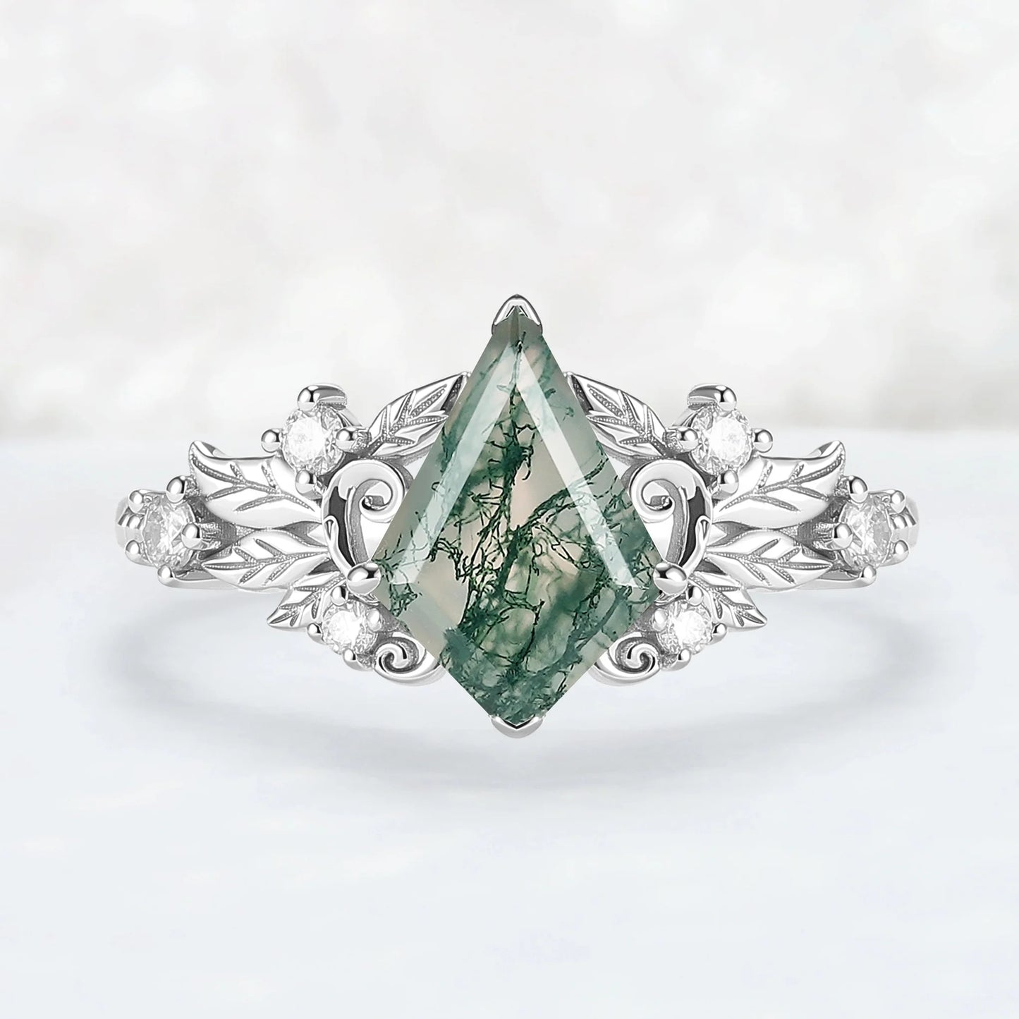 Nature Inspired Kite Cut Moss Agate Leafy and Buds Gemstone Ring