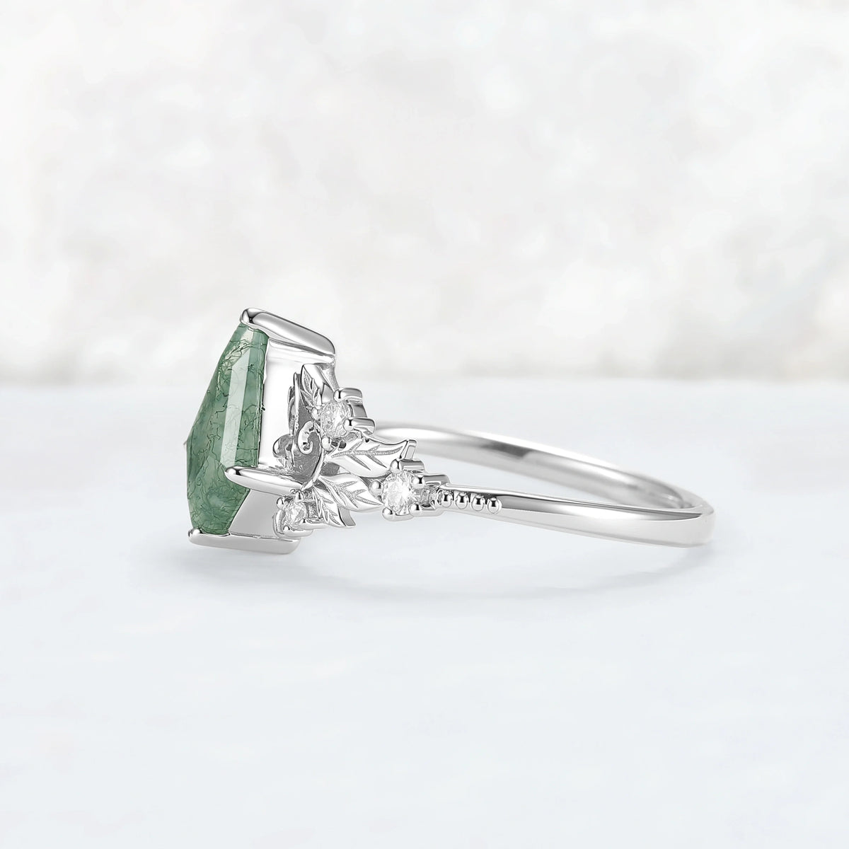 Nature Inspired Kite Cut Moss Agate Leafy and Buds Gemstone Ring