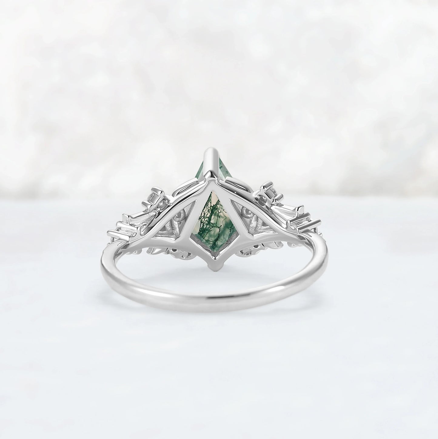 Nature Inspired Kite Cut Moss Agate Leafy and Buds Gemstone Ring