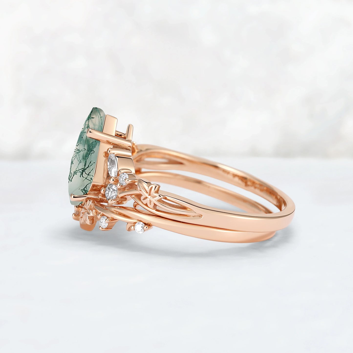 Nature Inspired Kite Cut Moss Agate Lvy Leafy Gemstone Ring Set 2pcs