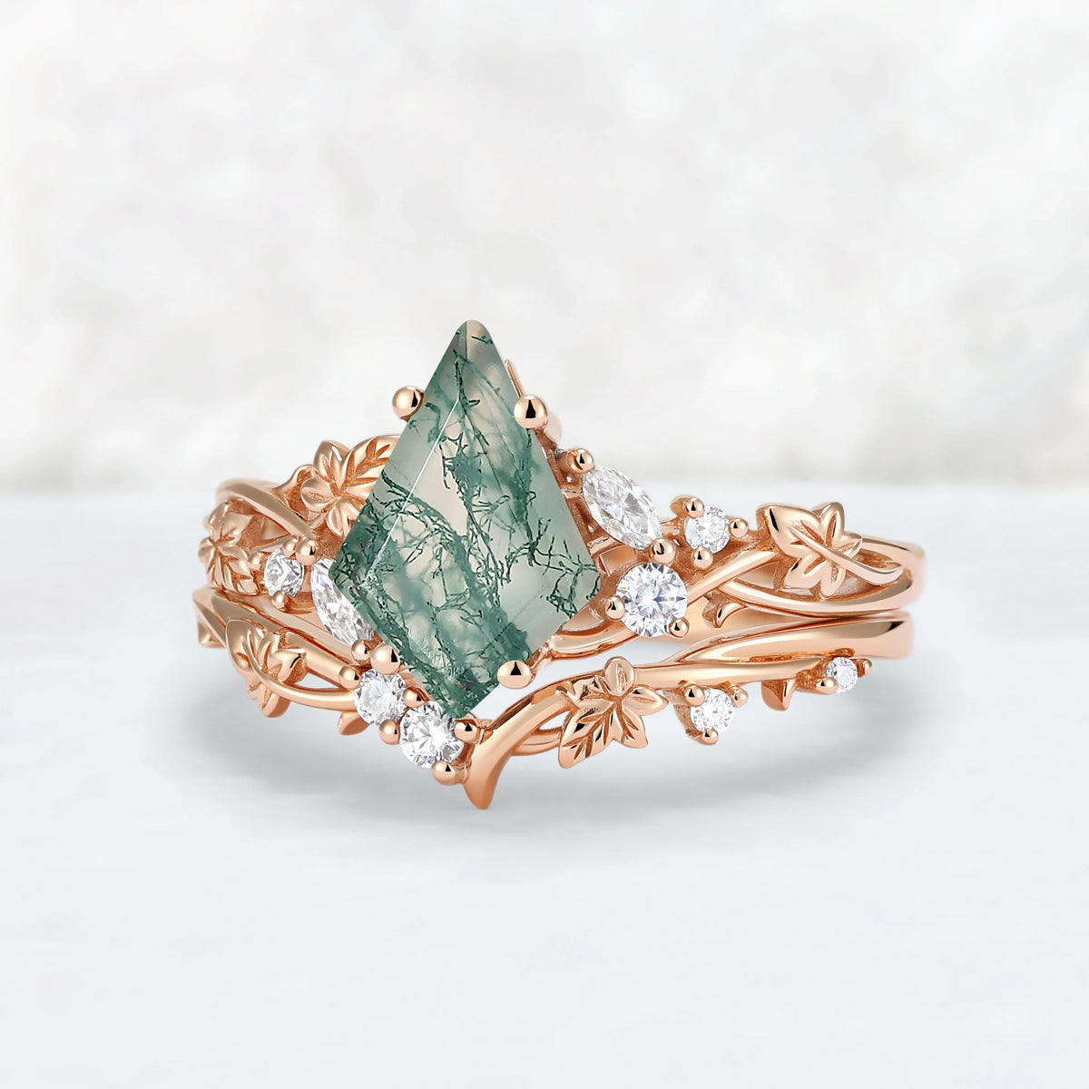 Nature Inspired Kite Cut Moss Agate Lvy Leafy Gemstone Ring Set 2pcs