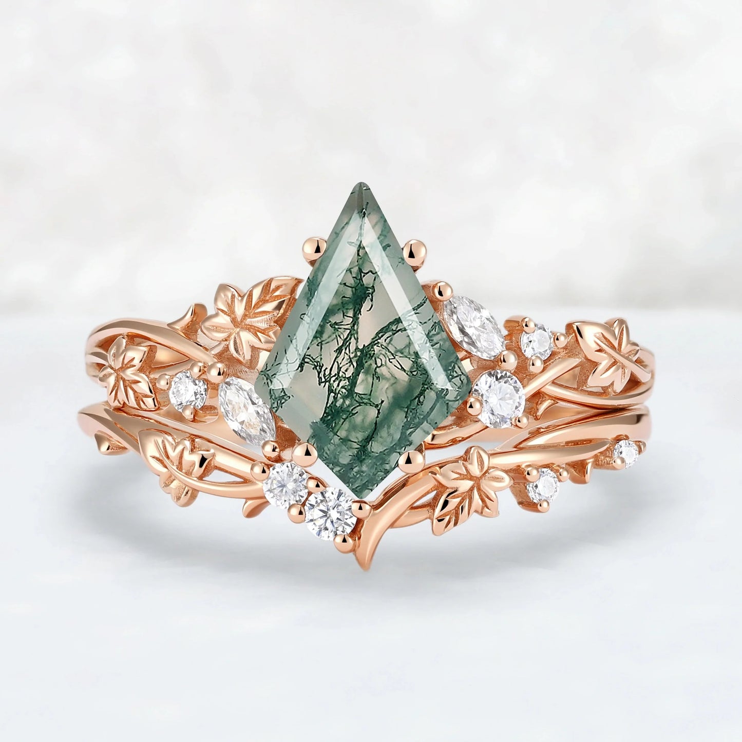 Nature Inspired Kite Cut Moss Agate Lvy Leafy Gemstone Ring Set 2pcs