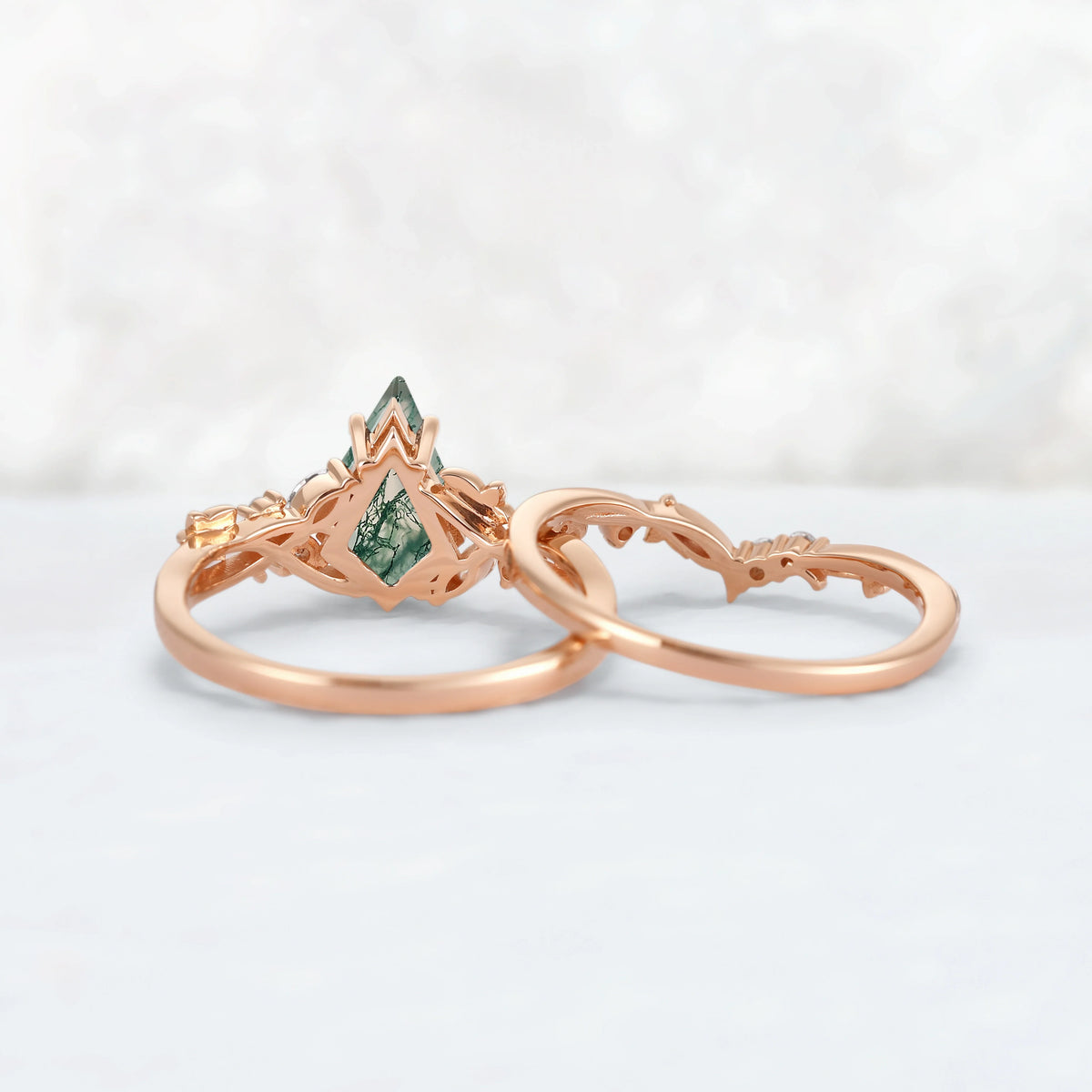 Nature Inspired Kite Cut Moss Agate Lvy Leafy Gemstone Ring Set 2pcs