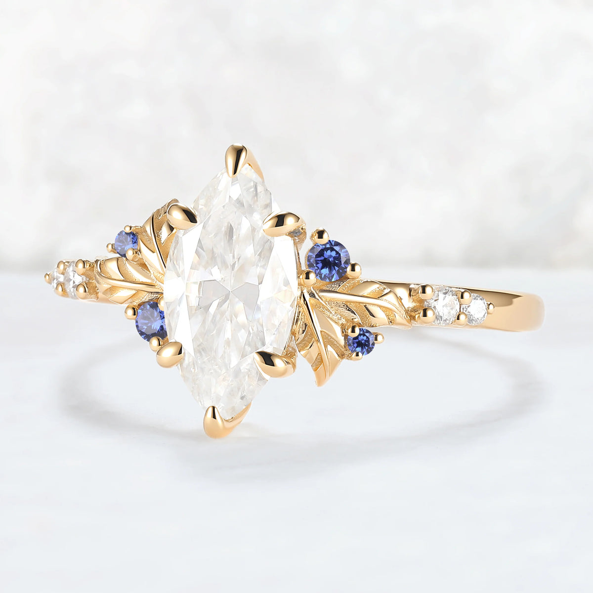 Nature Inspired Leaf Claw Inlay Marquise Cut Moissanite Gemstone Ring
