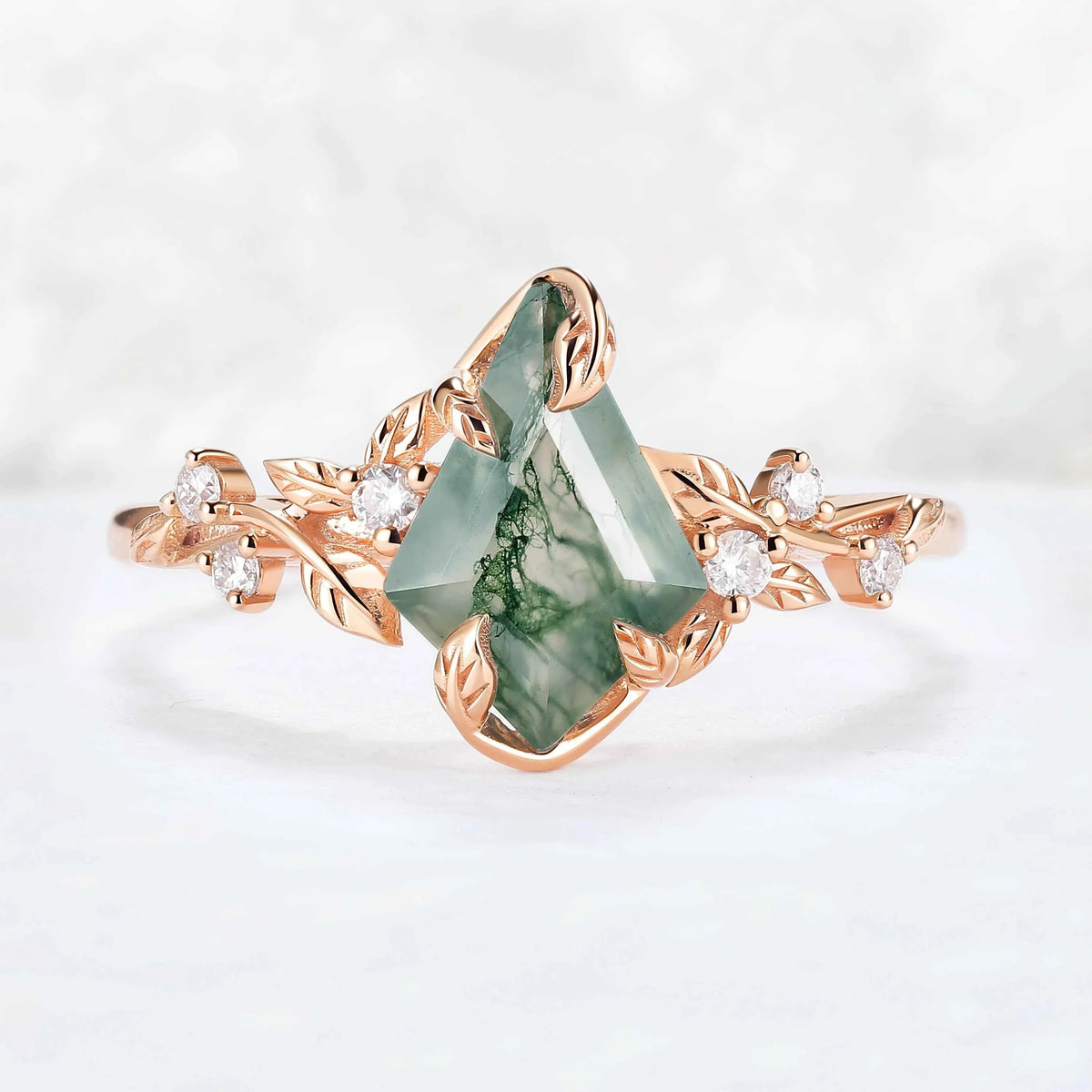 Nature Inspired Leaf Intertwined Design Moss Agate Ring